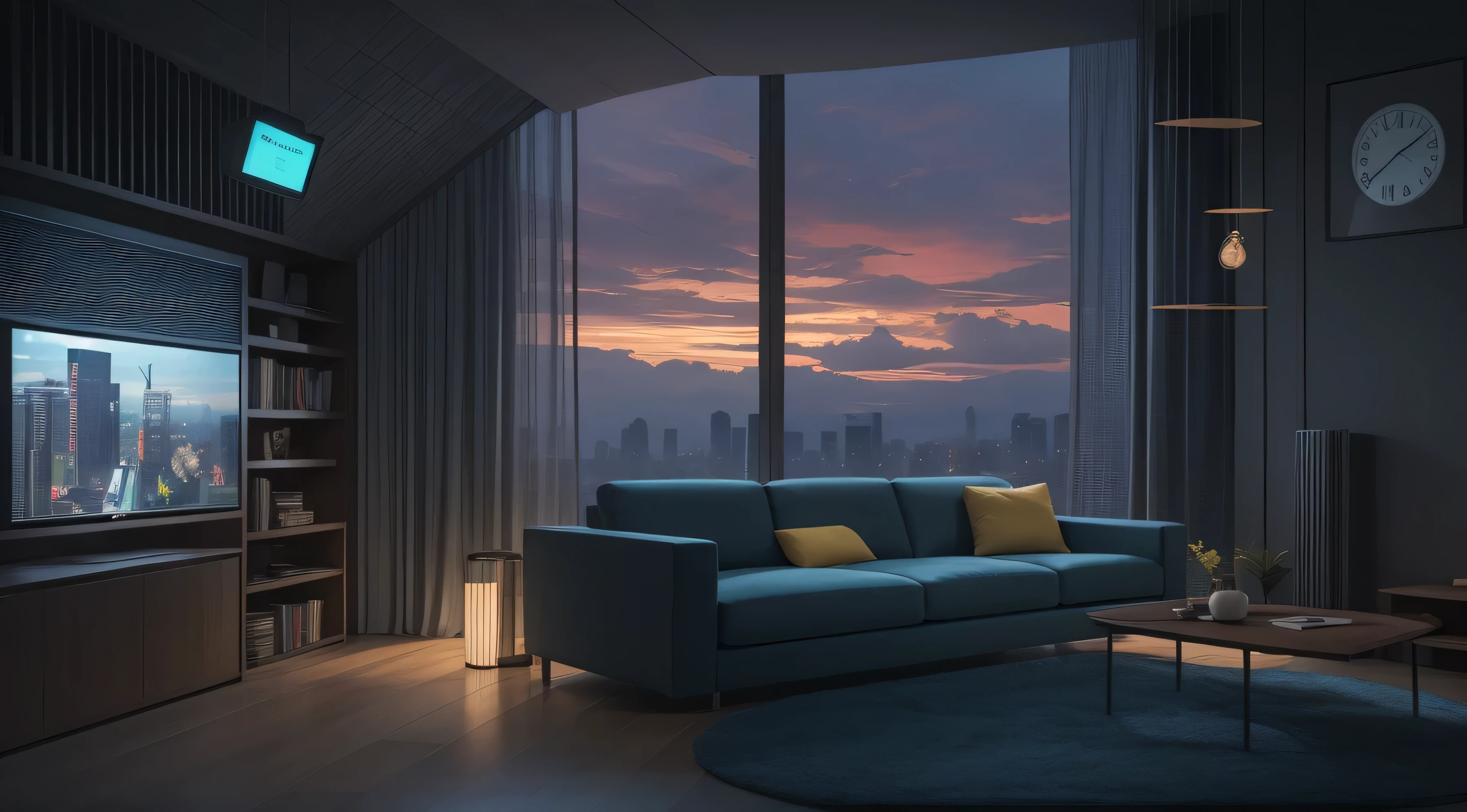 arafed living room with a large couch and a large window, futuristic looking living room, retro futuristic apartment, futuristic room, futuristic interior, futuristic room background, futuristic decor, bladerunner apartment, spaceship interior, sci - fi interior, cyberpunk apartment, sci fi engine room living room, gaming room in 2 0 4 0, scifi room, the cyberpunk apartment