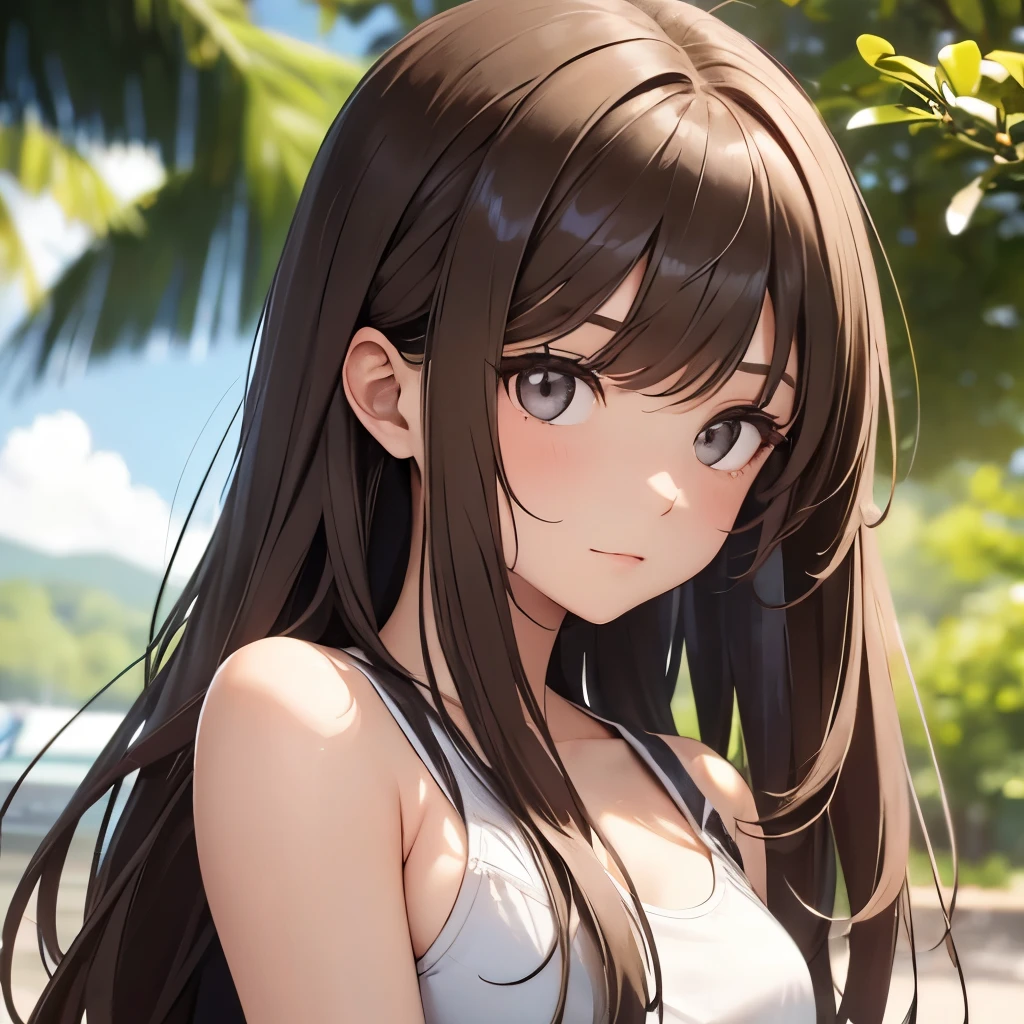 Girl, long brown hair, gray eyes, sharp features, white skin, simple summer style