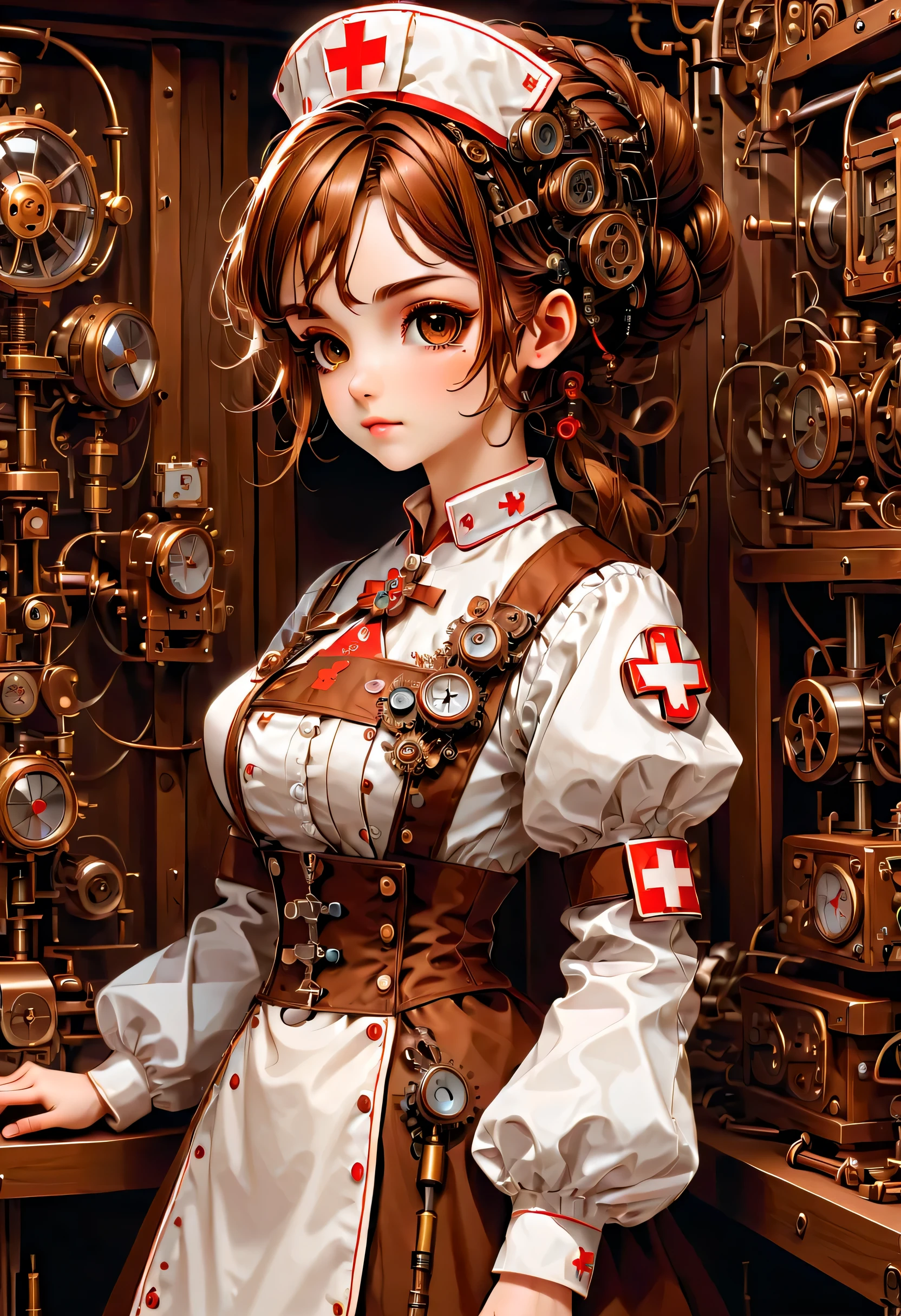 mechanism:humanoid:nurse:16th century European nurse uniform:whole body,doll face:perfect face:big brown eyes,eyelash,hide hair wires,she is made of machinery,Steampunk element,Mechanical engineering,Mechanically,Mechanical,pop,cute,intricate details,very fine,High resolution,high quality,最high quality,clearly,Be clear,beautiful light and shadow,Three dimensions,adorable appearance,complex configuration,mechanism,dynamic,busy,Work hard,An expression that makes you want to support,Medical equipment,medical supplies shelf,vial,show evidence that it is a machine,light from window