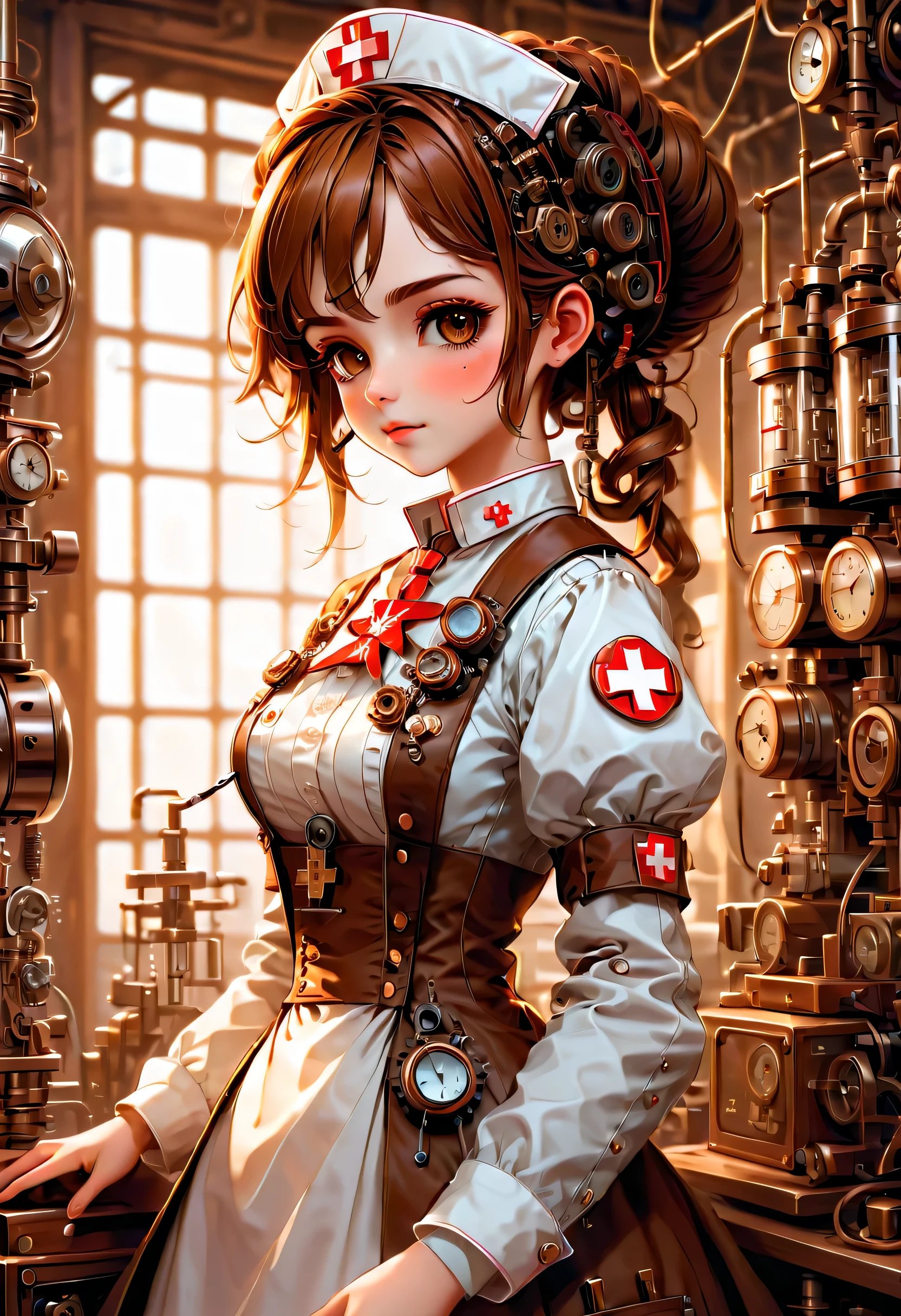 mechanism:humanoid:nurse:16th century European nurse uniform:whole body,doll face:perfect face:big brown eyes,eyelash,hide hair wires,she is made of machinery,Steampunk element,Mechanical engineering,Mechanically,Mechanical,pop,cute,intricate details,very fine,High resolution,high quality,最high quality,clearly,Be clear,beautiful light and shadow,Three dimensions,adorable appearance,complex configuration,mechanism,dynamic,busy,Work hard,An expression that makes you want to support,Medical equipment,medical supplies shelf,vial,show evidence that it is a machine,light from window