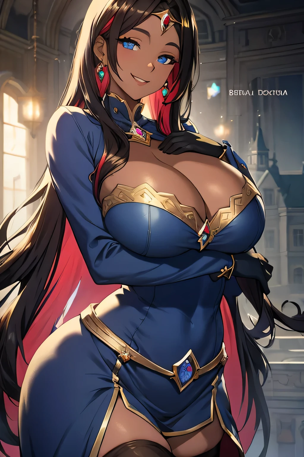 olga discordia, long black hair, colored skin, brown skin, hair stick, bangs, blue eyes, solo, smiling, standing, upper body, hips, bare shoulders,purple thighhighs, blue dress, gold jewelry,armor,gloves,circlet, cleavage, red and gold royal castle, gigantic breasts, (best quality, masterpiece, beautiful and aesthetic:1.2, highest detailed face, perfect face,) eyes, perfect face,expressive eyes,
looking at viewer, in the center of the image,(Upper_body),(Focus on her face),
official art,extremely detailed CG unity 8k wallpaper, perfect lighting,Colorful,
(masterpiece:1.0),(best_quality:1.0), ultra high res,4K,ultra-detailed