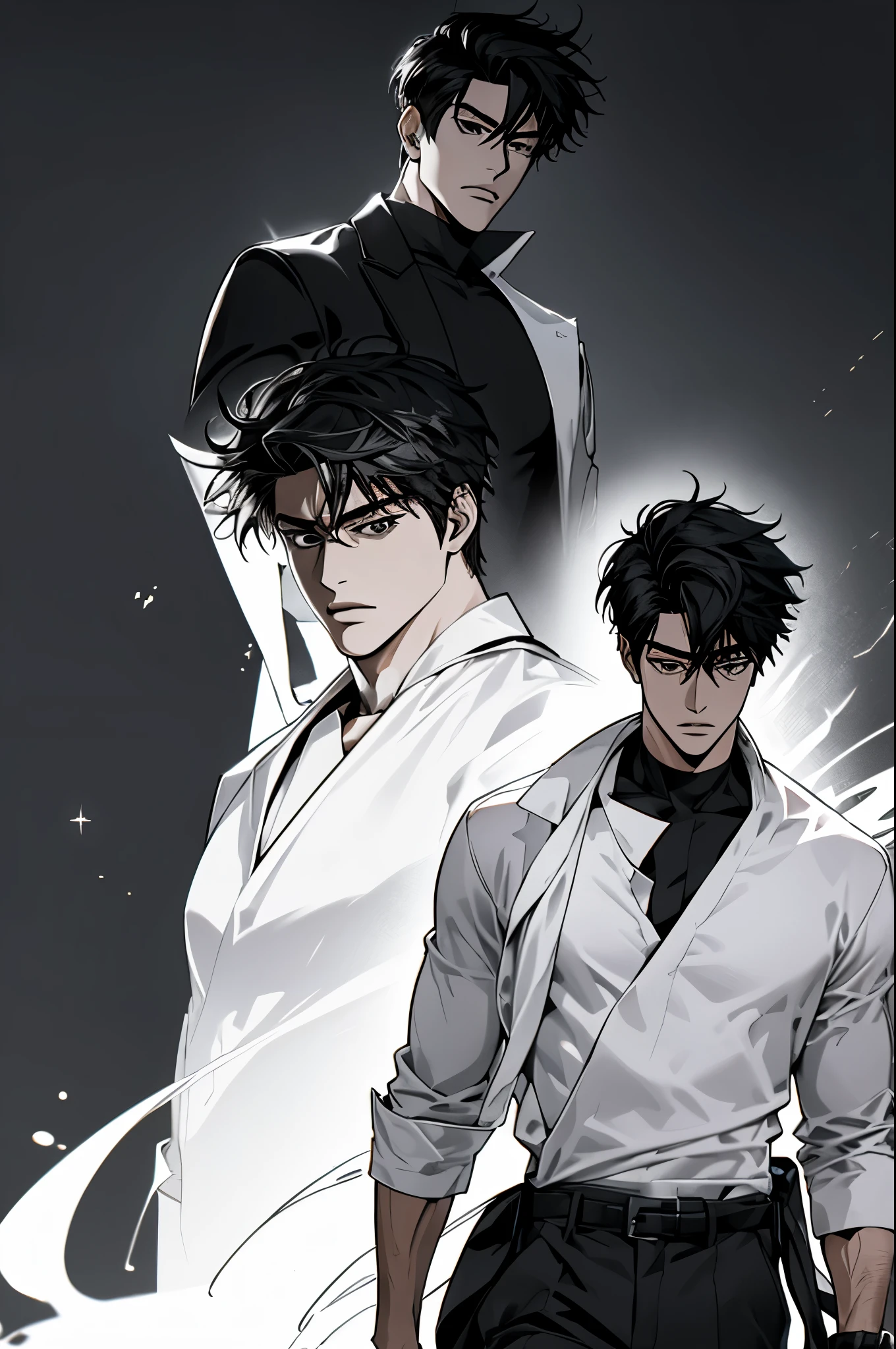masterpiece, ultra detailed, 4K, 8K, 32K, intricate, (((1boy))), ((black hair)), ((no background)), white background, detailed eyes, white shirt and black pants, school uniform, handsome young man, 20 year old, (((same character))), dynamic pose, anatomically correct hands, modern clothing, detailed clothes, (slender body), Hideaki Sorachi, Bleach, Tite Kubo, Kazuki Yone, (((stylish haircut)))