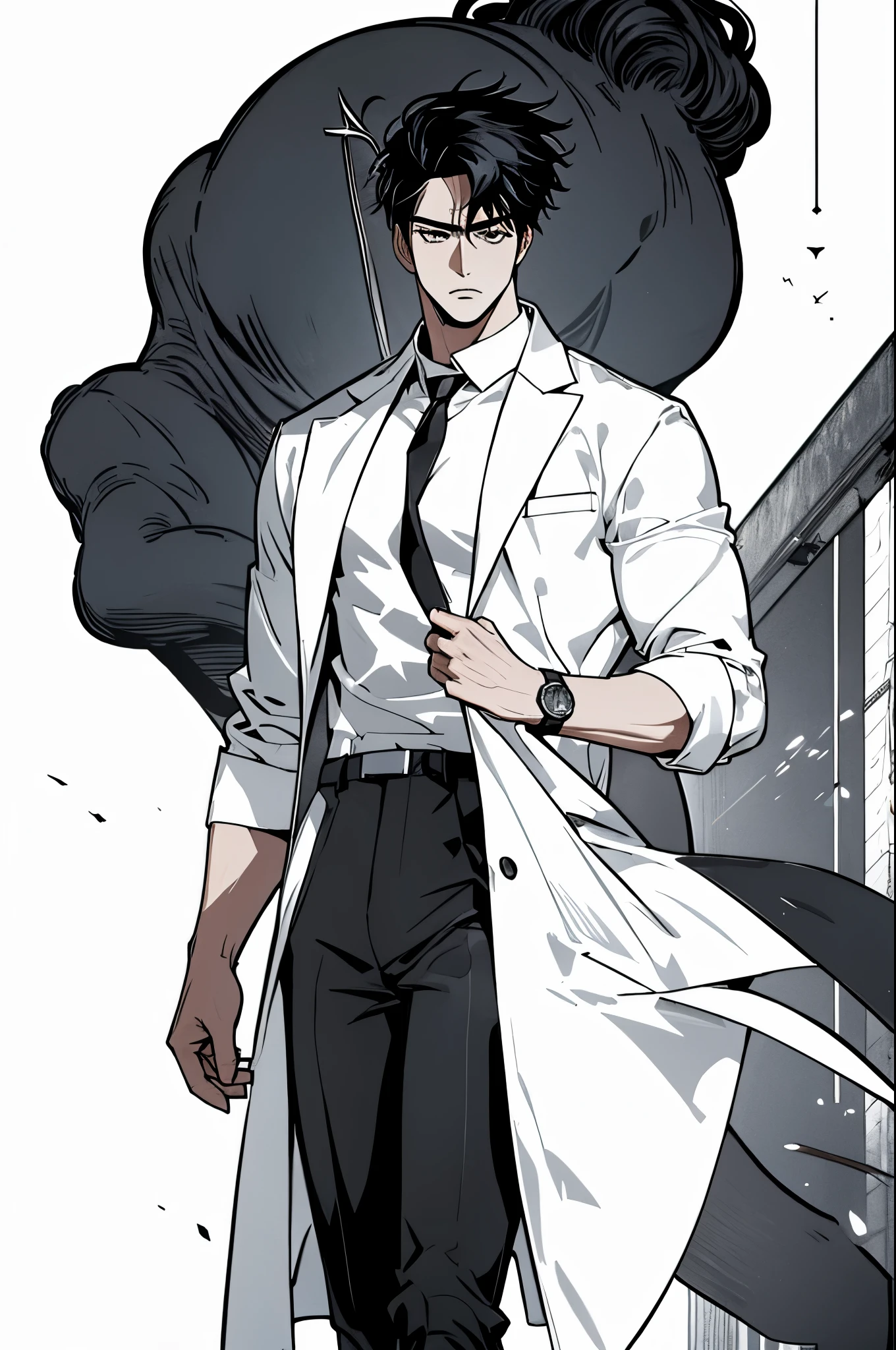 masterpiece, ultra detailed, 4K, 8K, 32K, intricate, (((1boy))), ((black hair)), ((no background)), white background, detailed eyes, white shirt and black pants, school uniform, handsome young man, 20 year old, (((same character))), dynamic pose, anatomically correct hands, modern clothing, detailed clothes, (slender body), Hideaki Sorachi, Bleach, Tite Kubo, Kazuki Yone, (((stylish haircut)))