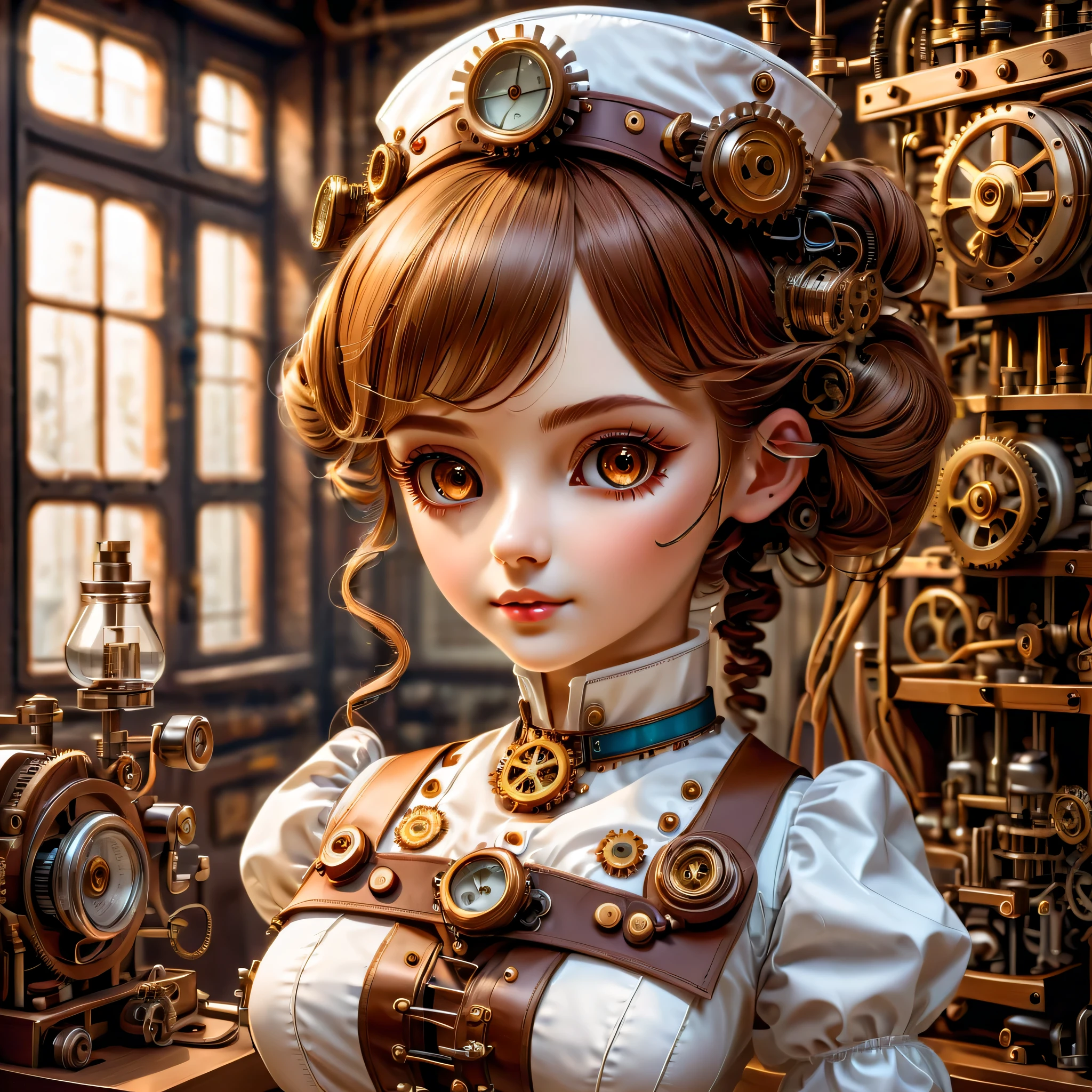 mechanism:humanoid:nurse:16th century European nurse uniform,doll face:perfect face:big brown eyes,eyelash,hide hair wires,she is made of machinery,Steampunk element,Mechanical engineering,Mechanically,Mechanical,pop,cute,intricate details,very fine,High resolution,high quality,最high quality,clearly,Be clear,beautiful light and shadow,Three dimensions,adorable appearance,complex configuration,mechanism,dynamic,busy,Work hard,An expression that makes you want to support,Medical equipment,medical supplies shelf,vial,show evidence that it is a machine,light from window