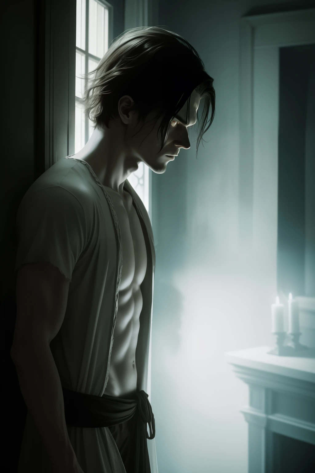 A chilling, eerie image of a man residing in a haunted house, enveloped in a dimly lit room with long shadows casting ghostly figures on the walls. His face is pale and haggard, filled with a mixture of fear and determination. His hair is unkempt and wild, standing on end as if statically charged. He wears an old, threadbare robe, revealing a thin, gaunt chest. In his hand, he clutches a flashlight, its beam barely piercing the darkness. His eyes are wide and haunted, reflecting the pale moonlight filtering in through the dusty windows. The house itself seems to loom over him, its ancient,