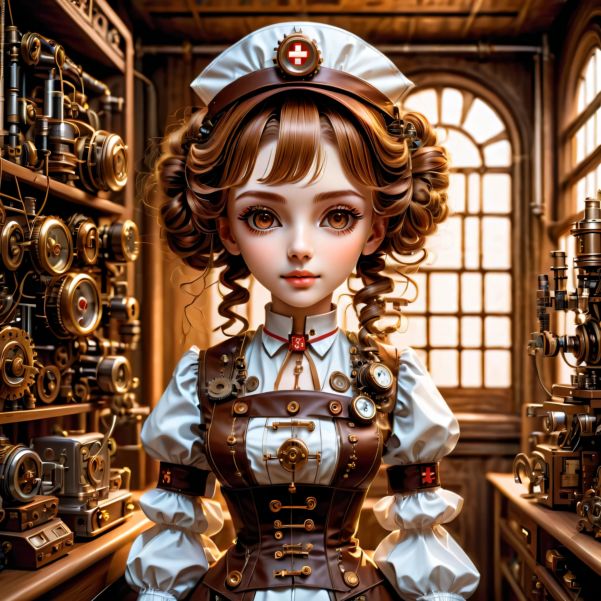 mechanism:humanoid:nurse:16th century European nurse uniform,doll face:perfect face:big brown eyes,eyelash,hide hair wires,she is made of machinery,Steampunk element,Mechanical engineering,Mechanically,Mechanical,pop,cute,intricate details,very fine,High resolution,high quality,最high quality,clearly,Be clear,beautiful light and shadow,Three dimensions,adorable appearance,complex configuration,mechanism,dynamic,busy,Work hard,An expression that makes you want to support,Medical equipment,medical supplies shelf,vial,show evidence that it is a machine,light from window