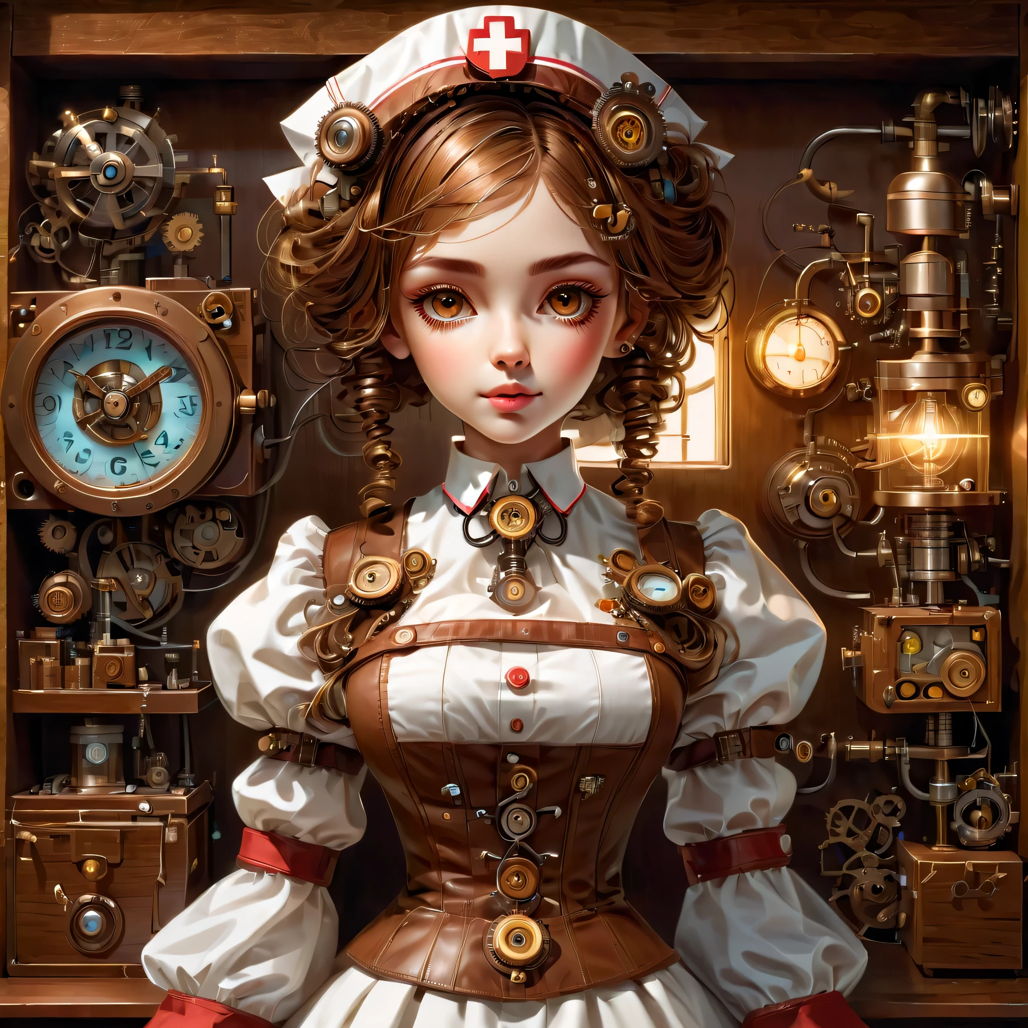 mechanism:humanoid:nurse:16th century European nurse uniform:whole body,doll face:perfect face:big brown eyes,eyelash,hide hair wires,she is made of machinery,Steampunk element,Mechanical engineering,Mechanically,Mechanical,pop,cute,intricate details,very fine,High resolution,high quality,最high quality,clearly,Be clear,beautiful light and shadow,Three dimensions,adorable appearance,complex configuration,mechanism,dynamic,busy,Work hard,An expression that makes you want to support,Medical equipment,medical supplies shelf,vial,show evidence that it is a machine,light from window