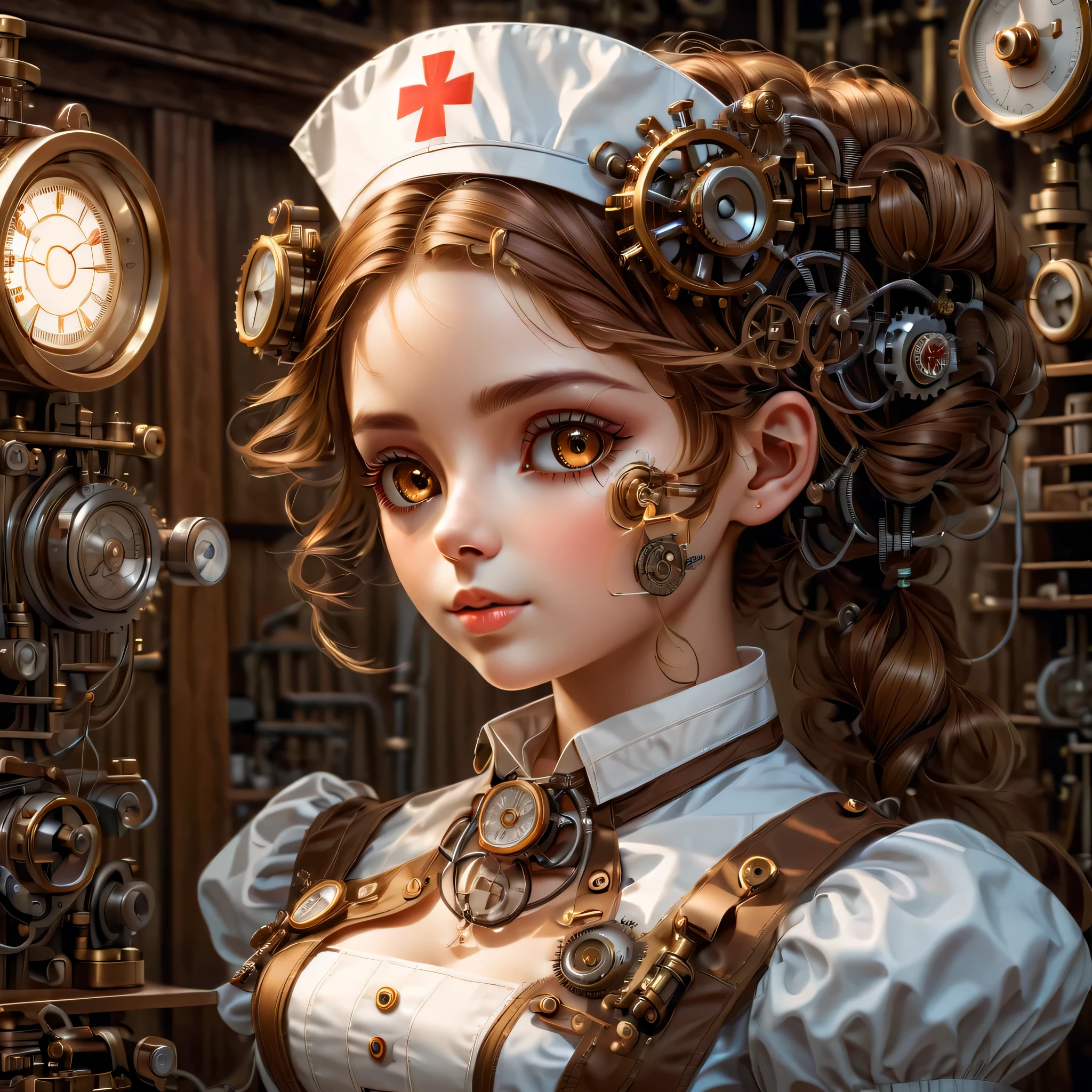 mechanism:humanoid:nurse:16th century European nurse uniform:whole body,doll face:perfect face:big brown eyes,eyelash,hide hair wires,she is made of machinery,Steampunk element,Mechanical engineering,Mechanically,Mechanical,pop,cute,intricate details,very fine,High resolution,high quality,最high quality,clearly,Be clear,beautiful light and shadow,Three dimensions,adorable appearance,complex configuration,mechanism,dynamic,busy,Work hard,An expression that makes you want to support,Medical equipment,medical supplies shelf,vial,show evidence that it is a machine,light from window