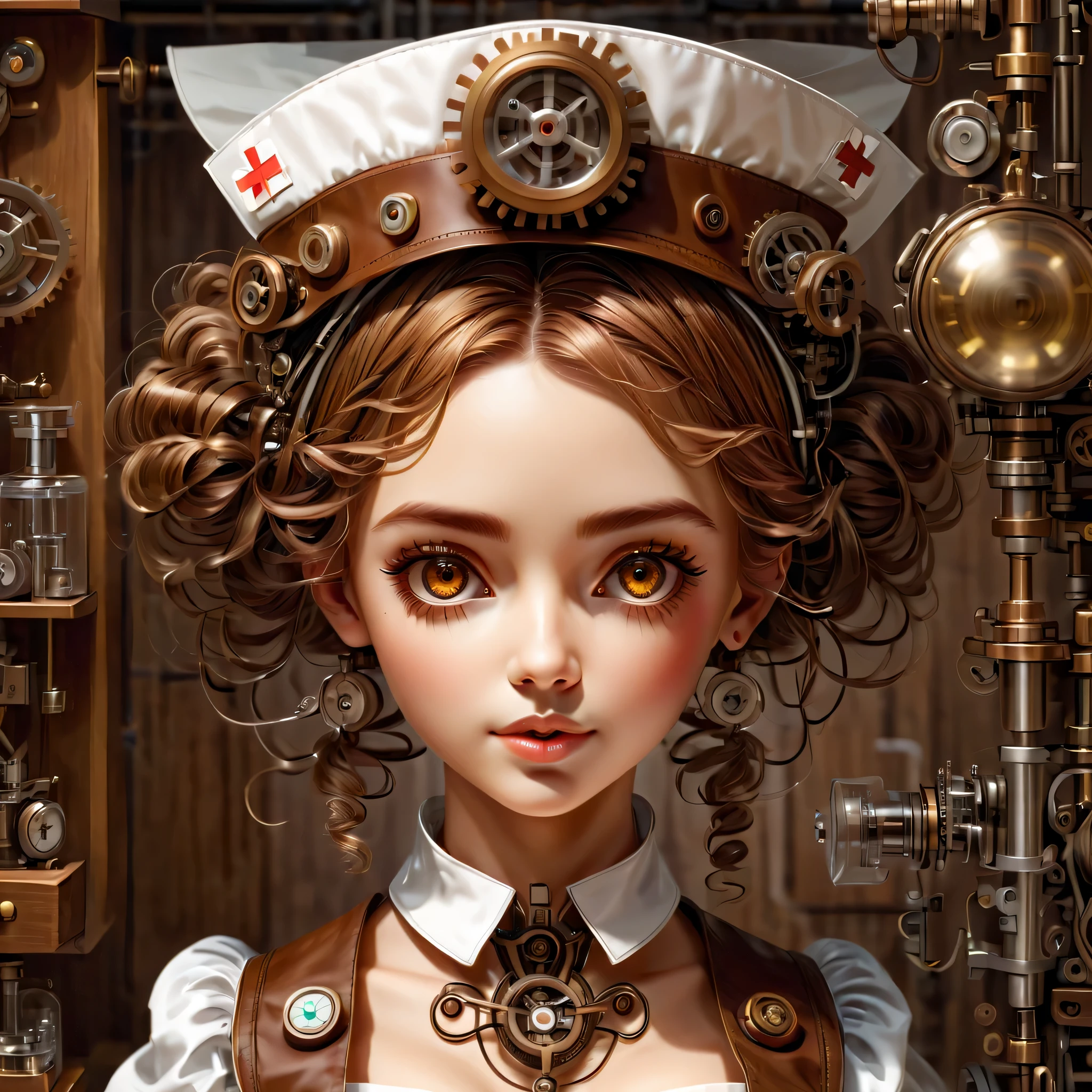 mechanism:humanoid:nurse:16th century European nurse uniform:whole body,doll face:perfect face:big brown eyes,eyelash,hide hair wires,she is made of machinery,Steampunk element,Mechanical engineering,Mechanically,Mechanical,pop,cute,intricate details,very fine,High resolution,high quality,最high quality,clearly,Be clear,beautiful light and shadow,Three dimensions,adorable appearance,complex configuration,mechanism,dynamic,busy,Work hard,An expression that makes you want to support,Medical equipment,medical supplies shelf,vial,show evidence that it is a machine,light from window