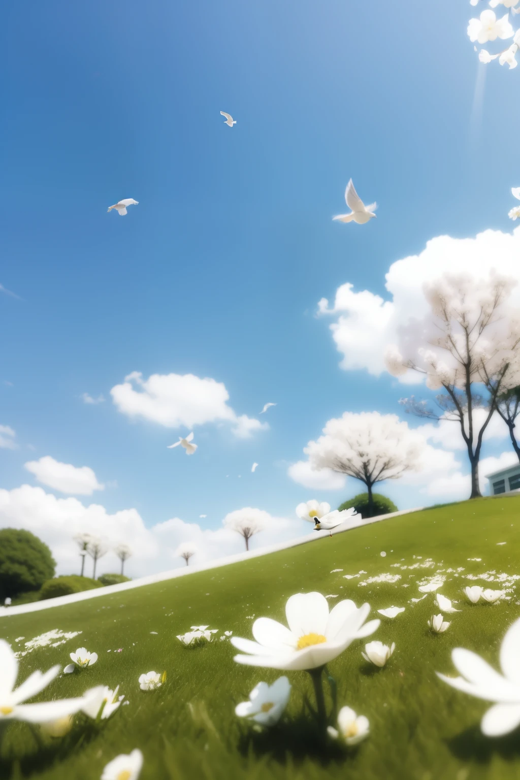 (((extra close up)))、Empty park、A small hill in a park filled with white flowers、The background is white and blurred、two birds flying in the sky、