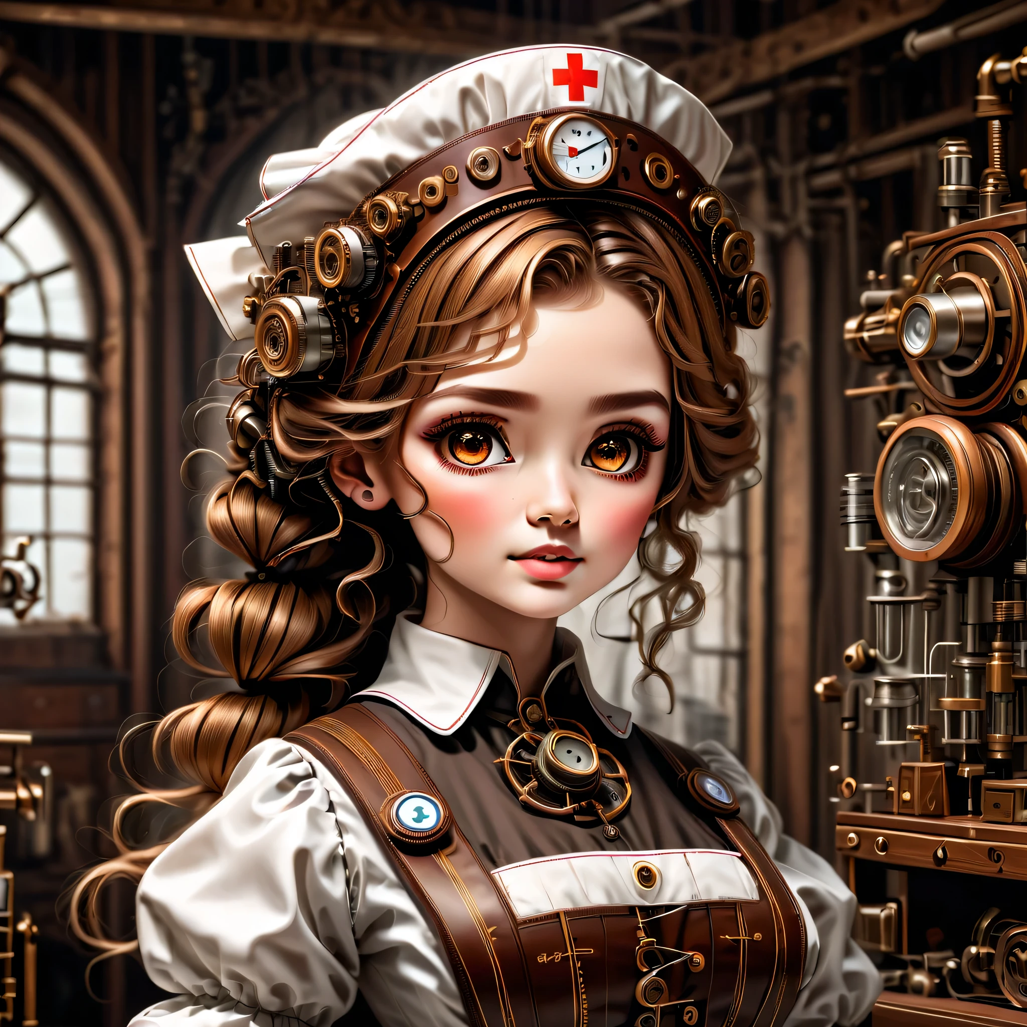 mechanism:humanoid:nurse:16th century European nurse uniform,doll face:perfect face:big brown eyes,eyelash,hide hair wires,she is made of machinery,Steampunk element,Mechanical engineering,Mechanically,Mechanical,pop,cute,intricate details,very fine,High resolution,high quality,最high quality,clearly,Be clear,beautiful light and shadow,Three dimensions,adorable appearance,complex configuration,mechanism,dynamic,busy,Work hard,An expression that makes you want to support,Medical equipment,medical supplies shelf,vial,show evidence that it is a machine,light from window