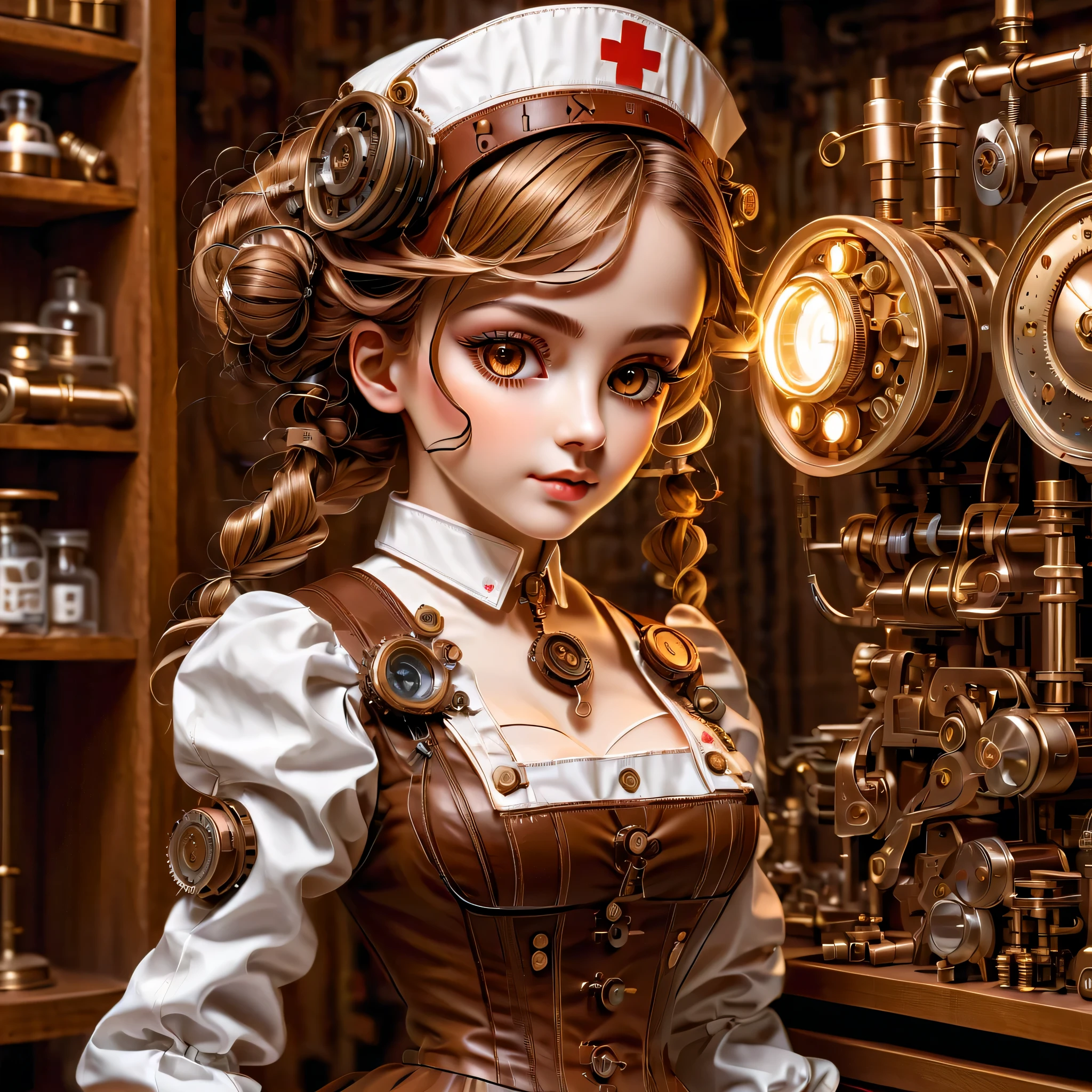 mechanism:humanoid:nurse:16th century European nurse uniform,doll face:perfect face:big brown eyes,eyelash,hide hair wires,she is made of machinery,Steampunk element,Mechanical engineering,Mechanically,Mechanical,pop,cute,intricate details,very fine,High resolution,high quality,最high quality,clearly,Be clear,beautiful light and shadow,Three dimensions,adorable appearance,complex configuration,mechanism,dynamic,busy,Work hard,An expression that makes you want to support,Medical equipment,medical supplies shelf,vial,show evidence that it is a machine,light from window