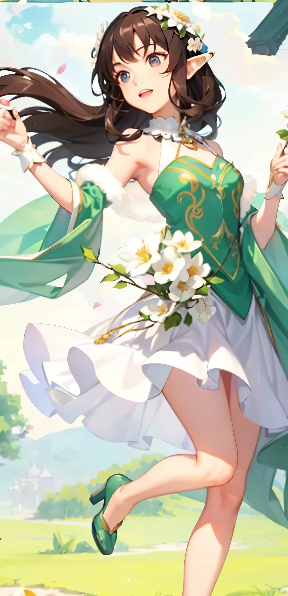 top quality, whole body, High quality texture, fine grained, Realistic facial expressions, Delicate skin, Japanese cartoons, girl, Gentle eyes, Sexy, mix, Model, illustration, portrait, above knee, WS, half true, Princess, skirt, White skirt, mini skirt, White skin, wind flower, grassland, water lake, sun, Light, (small), white hair