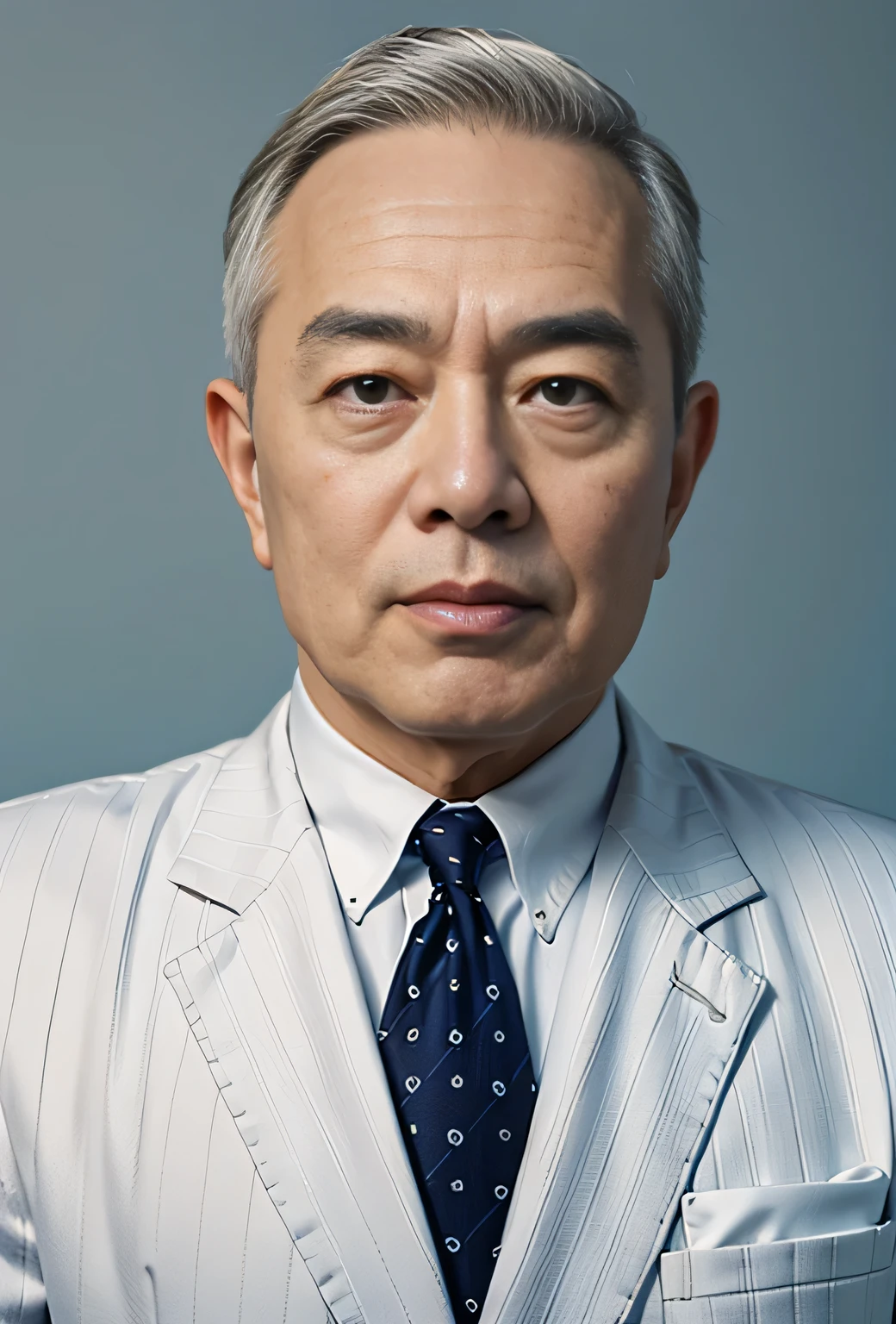 Highly realistic photo, ((masterpiece), (best quality), (raw photo), (photorealistic:1.4), Portrait of Vietnamese old man, 75 years old, ((white hair)), ((wearing a dark suit)), ((light blue background)), photo taken by Sony A7IV