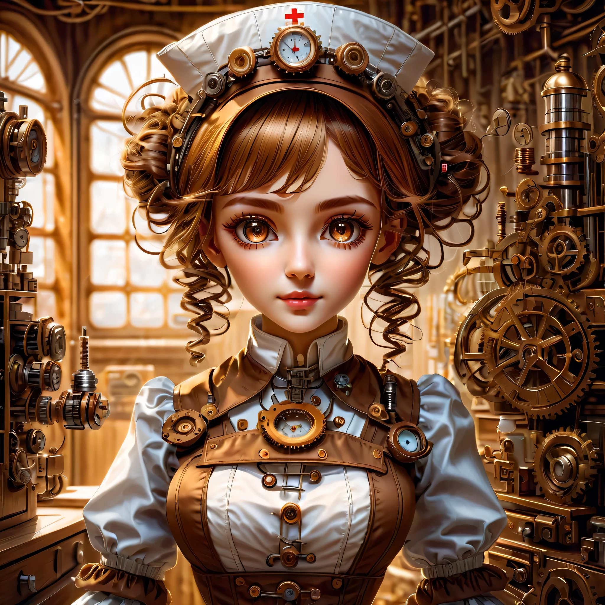 mechanism:humanoid:nurse:16th century European nurse uniform:whole body,doll face:perfect face:big brown eyes,eyelash,hide hair wires,she is made of machinery,Steampunk element,Mechanical engineering,Mechanically,Mechanical,pop,cute,intricate details,very fine,High resolution,high quality,最high quality,clearly,Be clear,beautiful light and shadow,Three dimensions,adorable appearance,complex configuration,mechanism,dynamic,busy,Work hard,An expression that makes you want to support,Medical equipment,medical supplies shelf,vial,show evidence that it is a machine,light from window