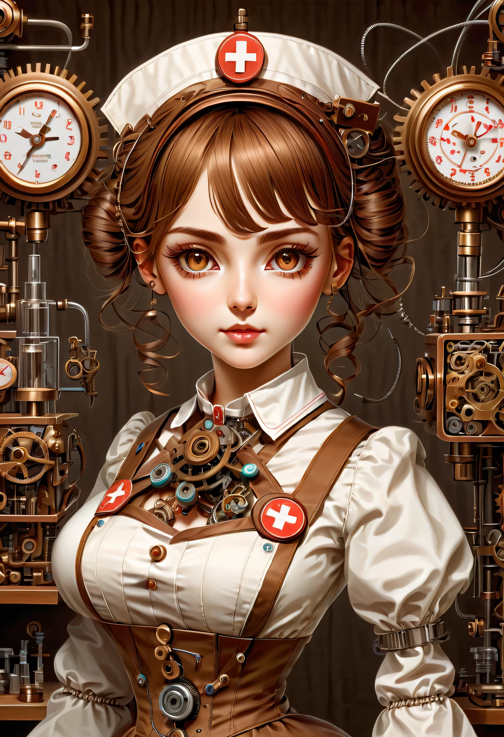 mechanism:humanoid:nurse:16th century European nurse uniform:whole body,doll face:perfect face:big brown eyes,eyelash,hide hair wires,she is made of machinery,Steampunk element,Mechanical engineering,Mechanically,Mechanical,pop,cute,intricate details,very fine,High resolution,high quality,最high quality,clearly,Be clear,beautiful light and shadow,Three dimensions,adorable appearance,complex configuration,mechanism,dynamic,busy,Work hard,An expression that makes you want to support,Medical equipment,medical supplies shelf,vial,show evidence that it is a machine,light from window