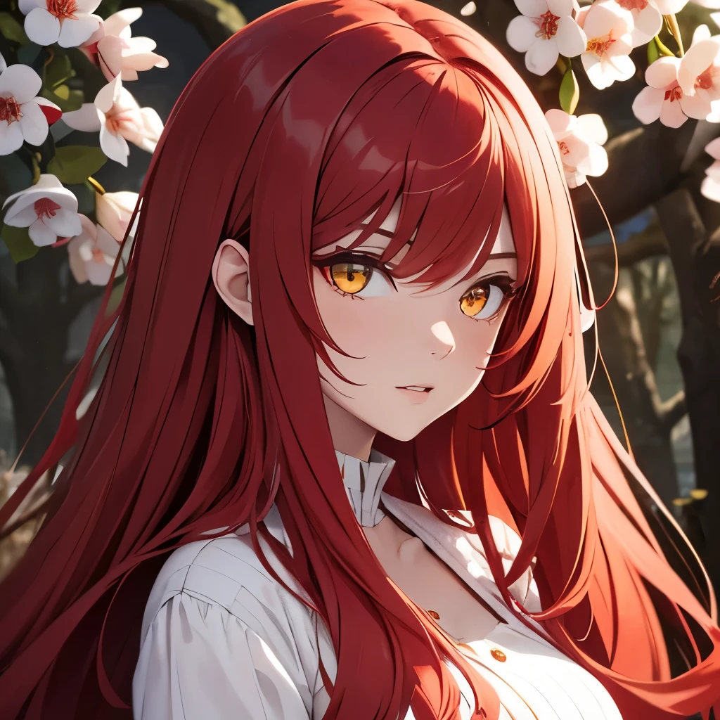 Girl, long red hair, yellow eyes, sharp features, white skin, spring style