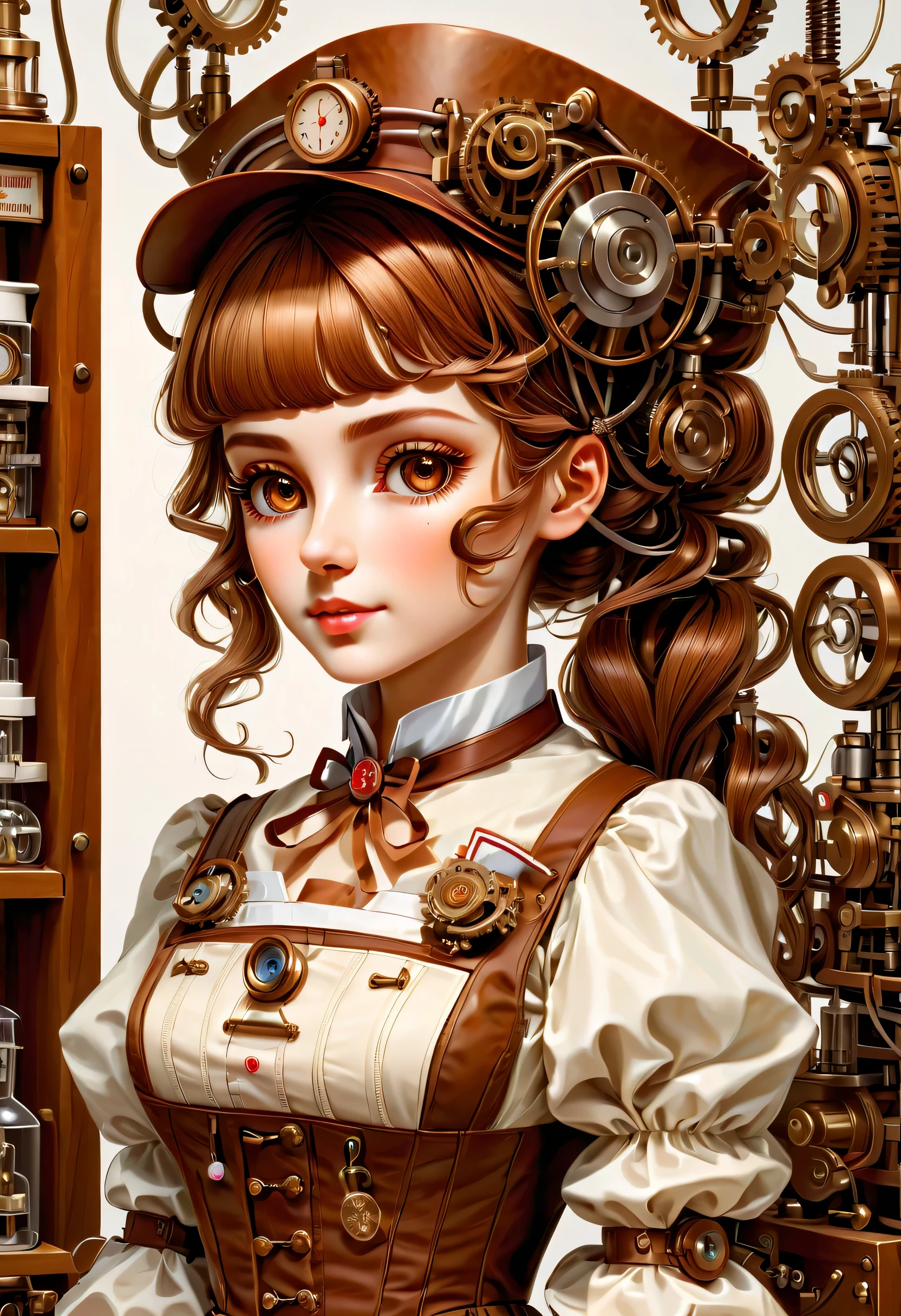 mechanism:humanoid:nurse:16th century European nurse uniform,doll face:perfect face:big brown eyes,eyelash,wiring,she is made of machinery,she is a nursing expert,sense of security,Steampunk element,Mechanical engineering,Mechanically,Mechanical,pop,cute,intricate details,very fine,High resolution,high quality,最high quality,clearly,Be clear,beautiful light and shadow,Three dimensions,adorable appearance,complex configuration,mechanism,dynamic,busy,Work hard,An expression that makes you want to support,Medical equipment,medical supplies shelf,vial,show evidence that it is a machine,Lovely,be familiar with