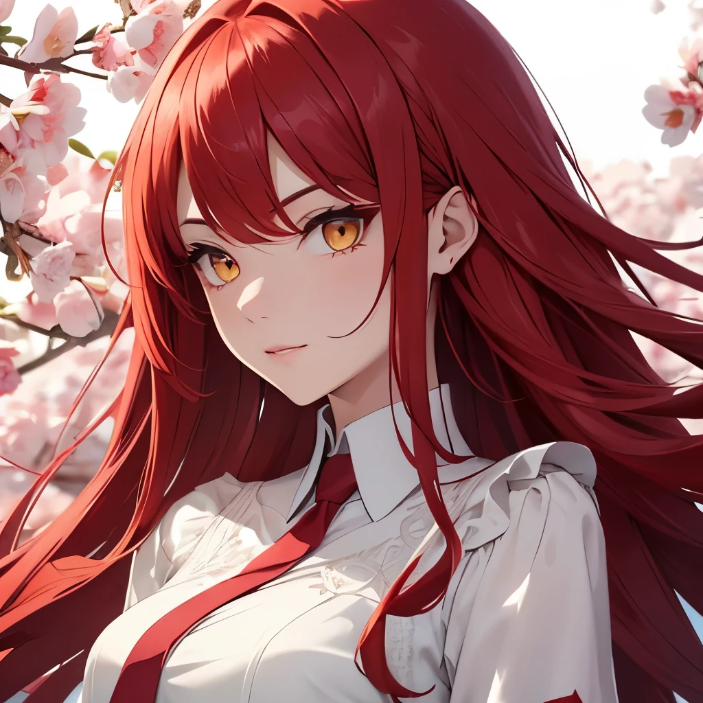 Girl, long red hair, yellow eyes, sharp features, white skin, spring style