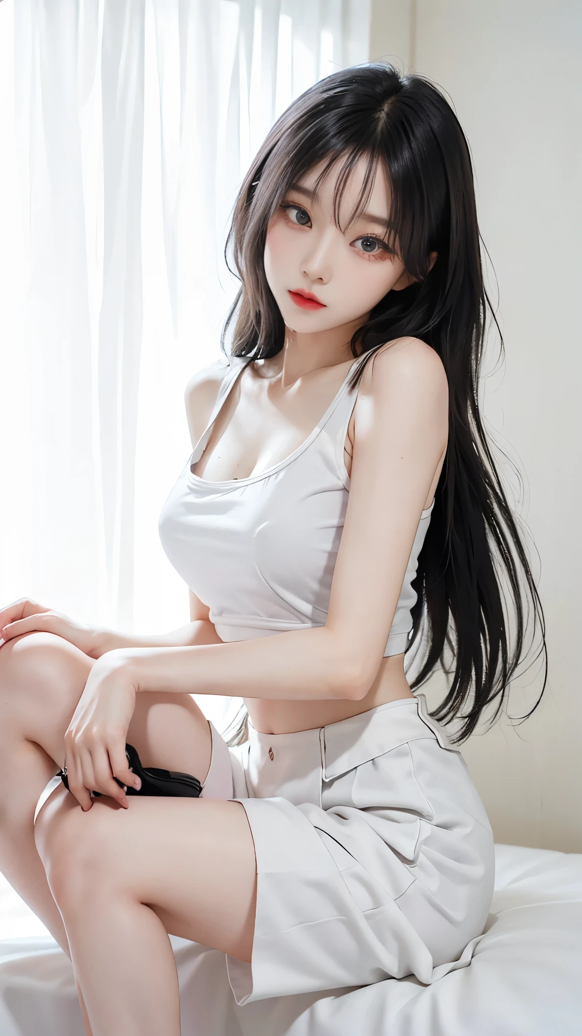 Top image quality、Raw photography、超A high resolution、Cute girl at 18 years old、Shooting for one person only、big round chest、Black tank top、Beautiful Eyes of Details、very elongated eyes、Beautiful eyelashes、Beautiful double eyelids、white walls、Beautiful waist、Beautiful legs、a short bob、slender physique