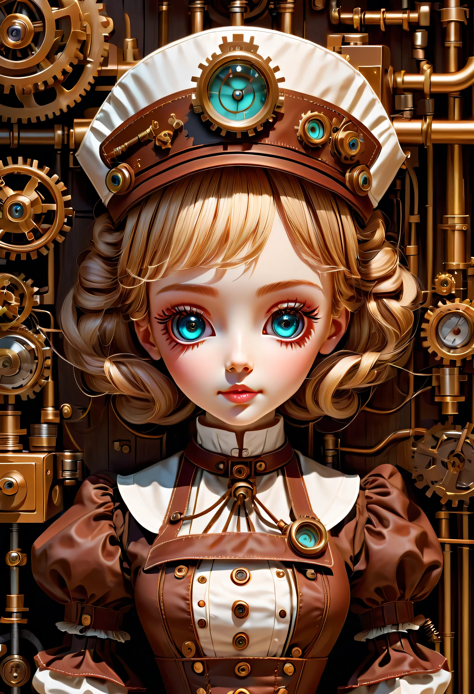 mechanism:humanoid:nurse:16th century European nurse uniform,Medical Supplies,doll face:perfect face:Big eyes,eyelash,wiring,she is made of machinery,Steampunk element,Mechanical engineering,Mechanically,Mechanical,pop,cute,Equipment,shaft,intricate details,very fine,High resolution,high quality,最high quality,clearly,Be clear,beautiful light and shadow,Three dimensions,adorable appearance,complex configuration,mechanism,dynamic,busy,Work hard,An expression that makes you want to support,Display visible fine print:Data Analytics:To analyze