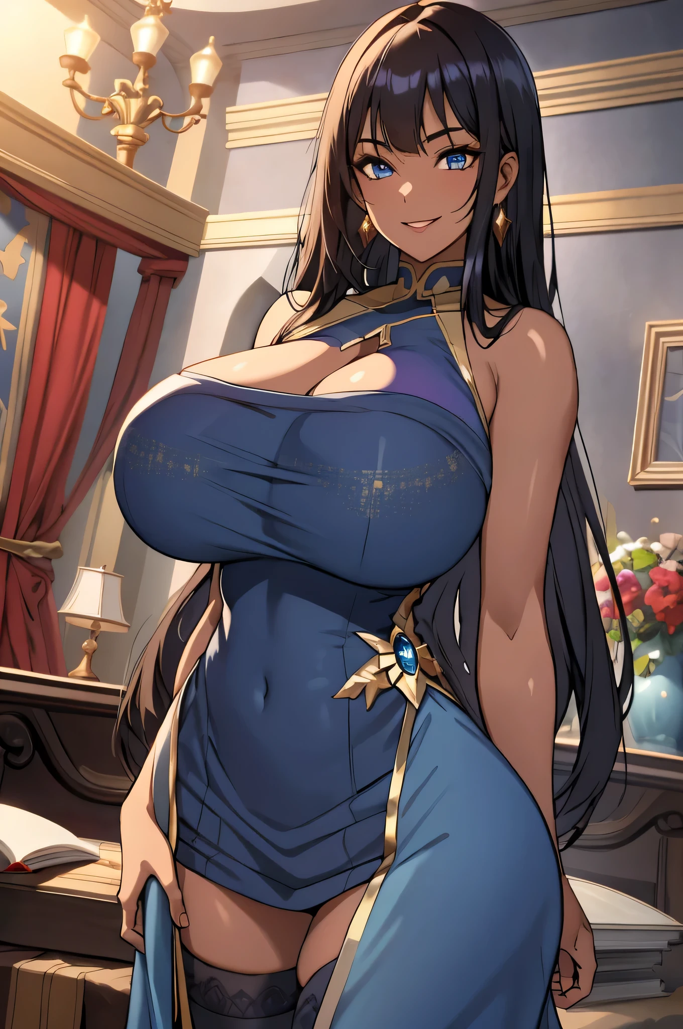 olga discordia, long black hair, colored skin, brown skin, hair stick, bangs, blue eyes, solo, smiling, standing, upper body, hips, bare shoulders,purple thighhighs, blue dress, gold jewelry,armor,gloves,circlet, cleavage, red and gold royal castle, gigantic breasts, (best quality, masterpiece, beautiful and aesthetic:1.2, highest detailed face, perfect face,) eyes, perfect face,expressive eyes,
looking at viewer, in the center of the image,(Upper_body),(Focus on her face),
official art,extremely detailed CG unity 8k wallpaper, perfect lighting,Colorful,
(masterpiece:1.0),(best_quality:1.0), ultra high res,4K,ultra-detailed