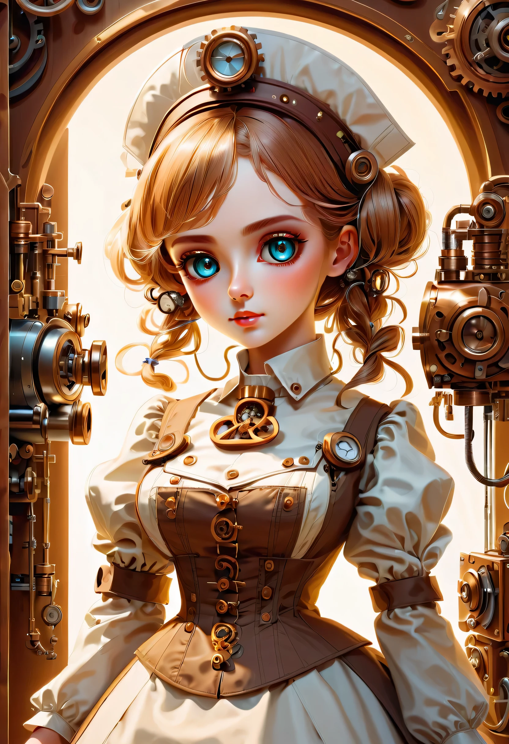 mechanism:humanoid:nurse:16th century European nurse uniform:whole body,doll face:perfect face:big brown eyes,eyelash,hide hair wires,she is made of machinery,Steampunk element,Mechanical engineering,Mechanically,Mechanical,pop,cute,intricate details,very fine,High resolution,high quality,最high quality,clearly,Be clear,beautiful light and shadow,Three dimensions,adorable appearance,complex configuration,mechanism,dynamic,busy,Work hard,An expression that makes you want to support,Medical equipment,medical supplies shelf,vial,show evidence that it is a machine,light from window