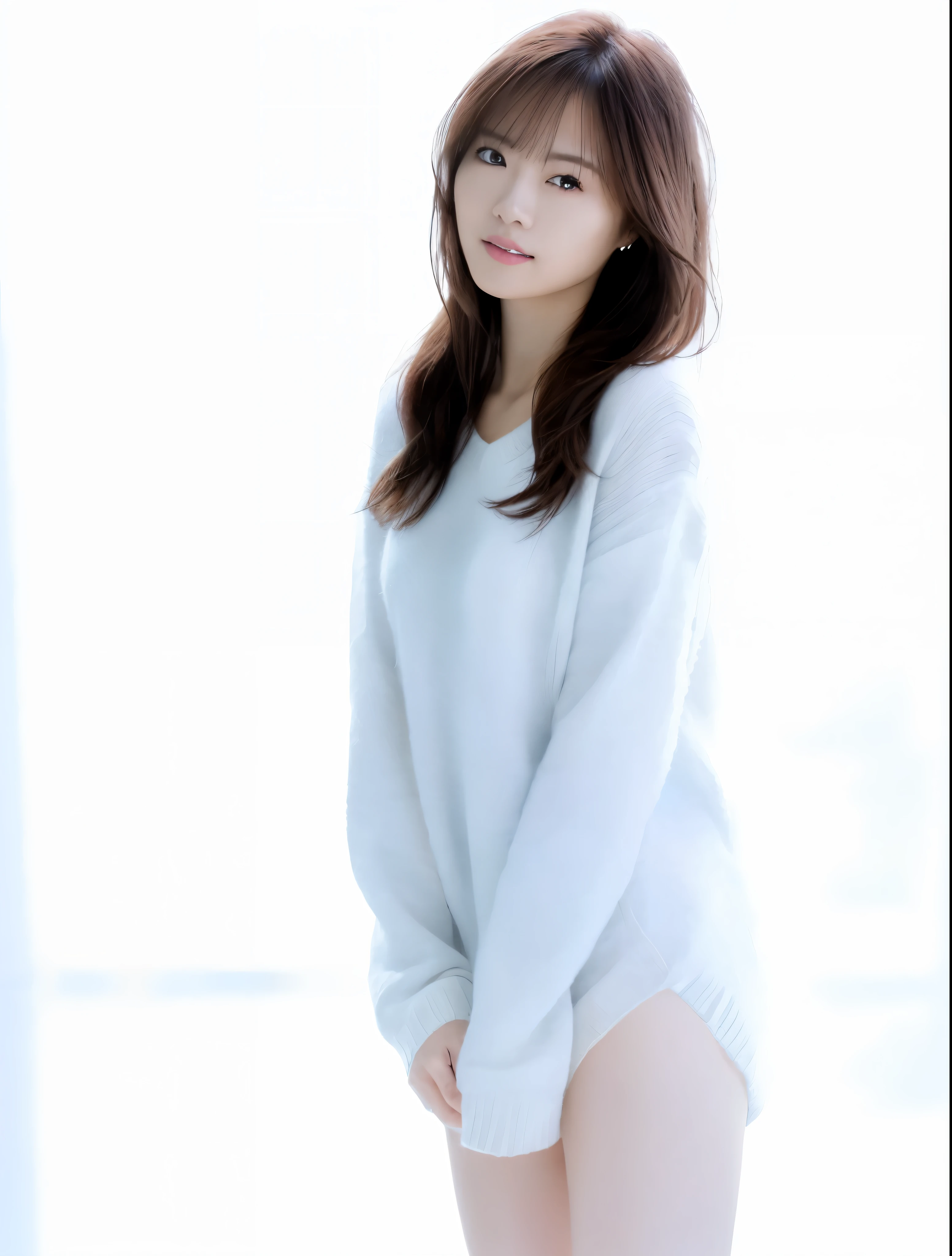 (16k, ultra high res, best quality, high quality, masterpiece:1.3), (a professional photo of girl), RAW photo, realistic illustration, (ultra detailed eyes and face), (ultra detailed beautiful skin), full body shot, elegant sleek smooth body, sultry body with sexy belly, perfect body, attractive body, photorealistic perfect body, facial features, super detail beautiful natural skin, natural makeup, narrow waist, slender, cleavage, she is very sexy, she is cute and beautiful, araffe asian woman in white sweater posing for a picture, in white ribbed sweater, see-through sweater, cute actress, young pretty gravure idol, beautiful young woman,