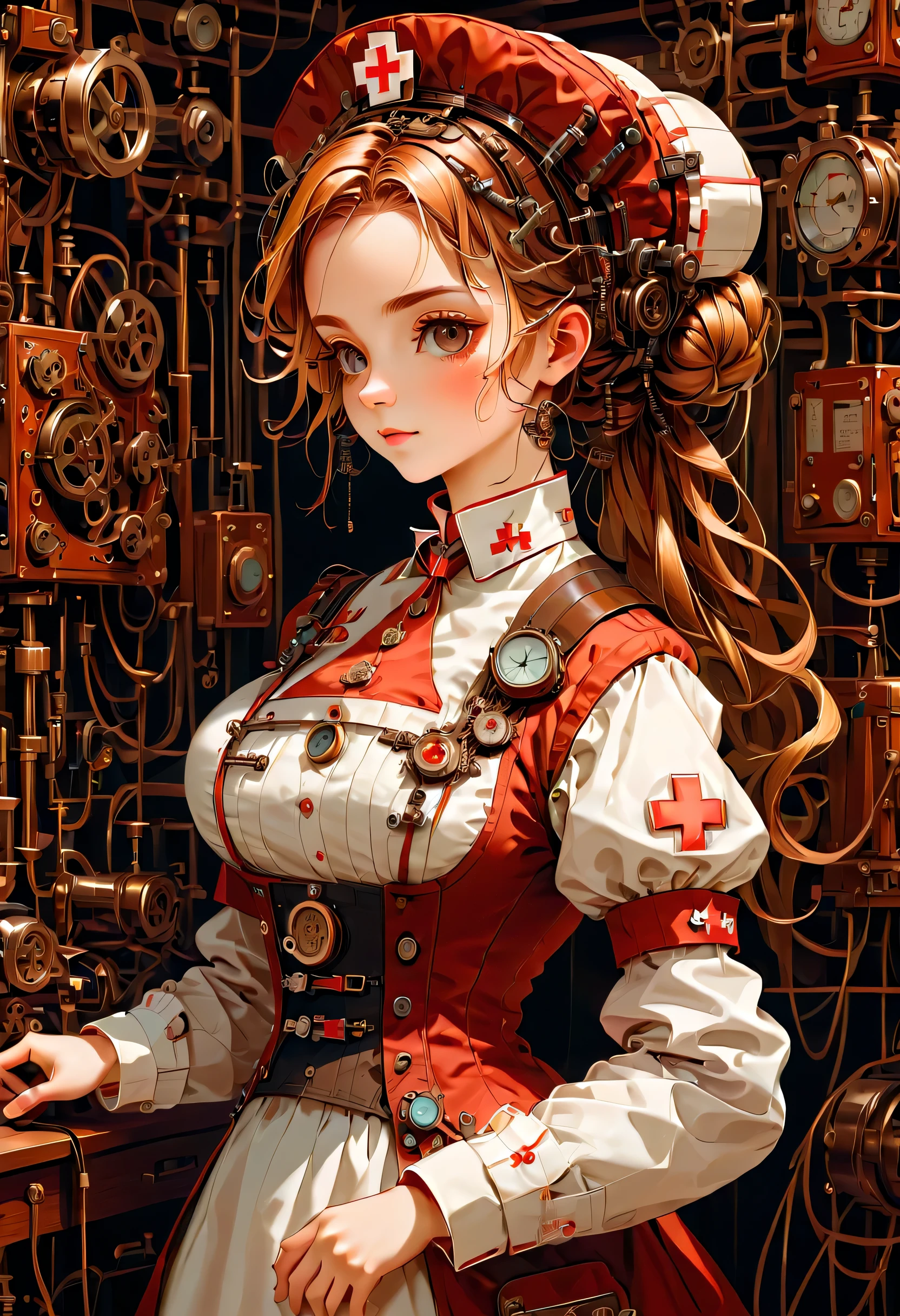 mechanism:humanoid:nurse:16th century European nurse uniform:whole body,doll face:perfect face:big brown eyes,eyelash,hide hair wires,she is made of machinery,Steampunk element,Mechanical engineering,Mechanically,Mechanical,pop,cute,intricate details,very fine,High resolution,high quality,最high quality,clearly,Be clear,beautiful light and shadow,Three dimensions,adorable appearance,complex configuration,mechanism,dynamic,busy,Work hard,An expression that makes you want to support,Medical equipment,medical supplies shelf,vial,show evidence that it is a machine,light from window