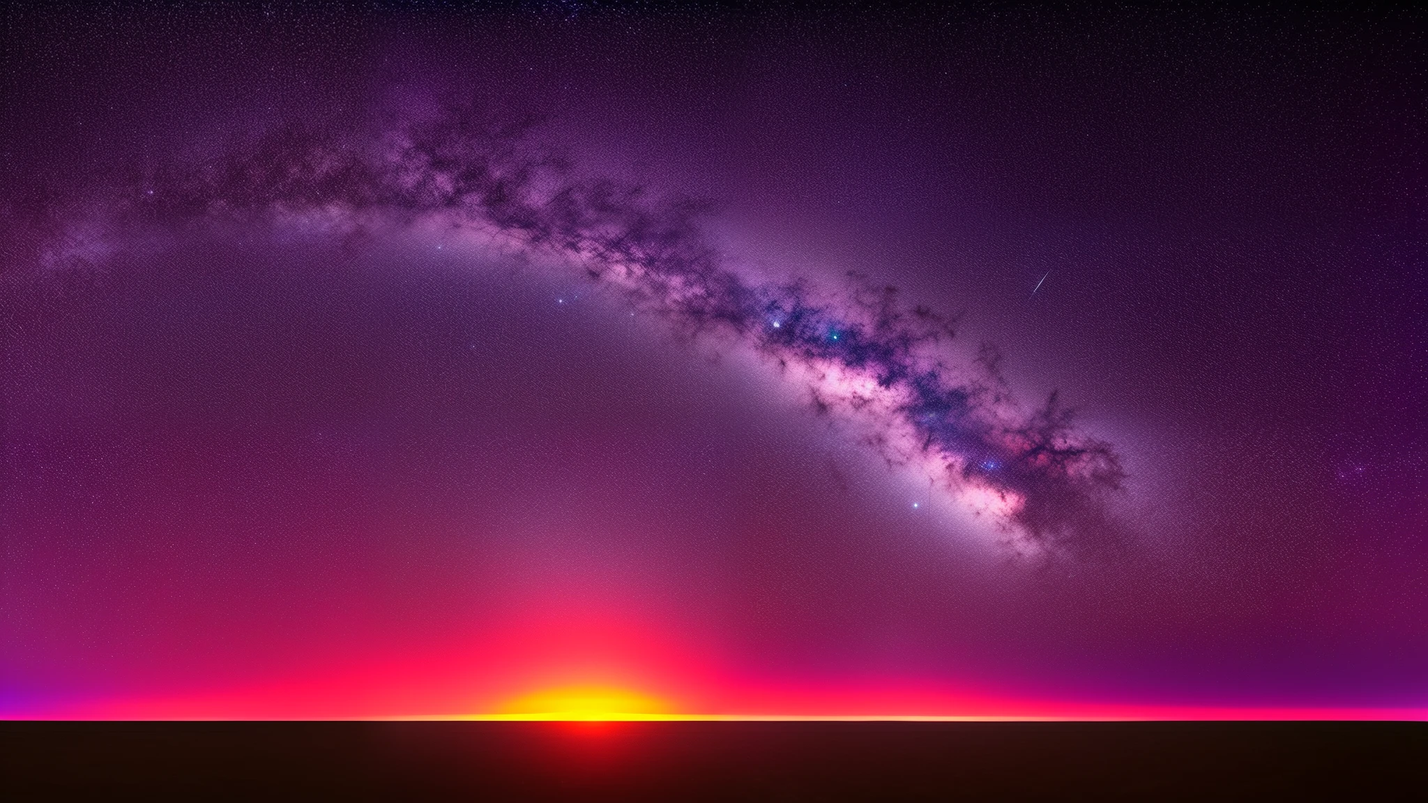 A mesmerizing panorama of a breathtaking purple sky, illuminated with a gradient of deep royal purple transitioning to a delicate lavender hue. The sky is adorned with stars twinkling in the distance. The overall atmosphere is peaceful and serene, evoking a sense of awe and wonder.