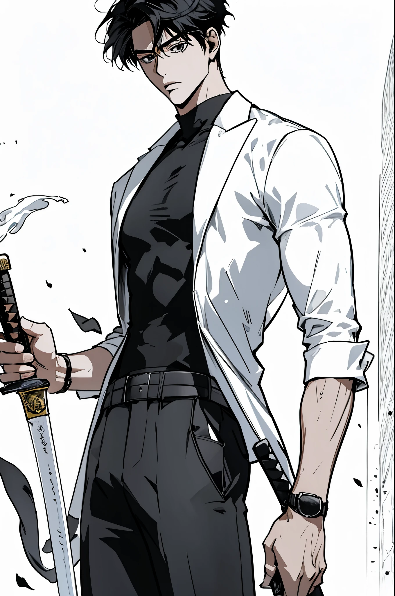 masterpiece, ultra detailed, 4K, 8K, 32K, intricate, (((1boy))), ((black hair)), ((no background)), white background, detailed eyes, white shirt and black pants, school uniform, handsome young man, 20 year old, (((same character))), dynamic pose, anatomically correct hands, modern clothing, detailed clothes, (slender body), Hideaki Sorachi, Bleach, Tite Kubo, Kazuki Yone, (((stylish haircut))), holding sword
