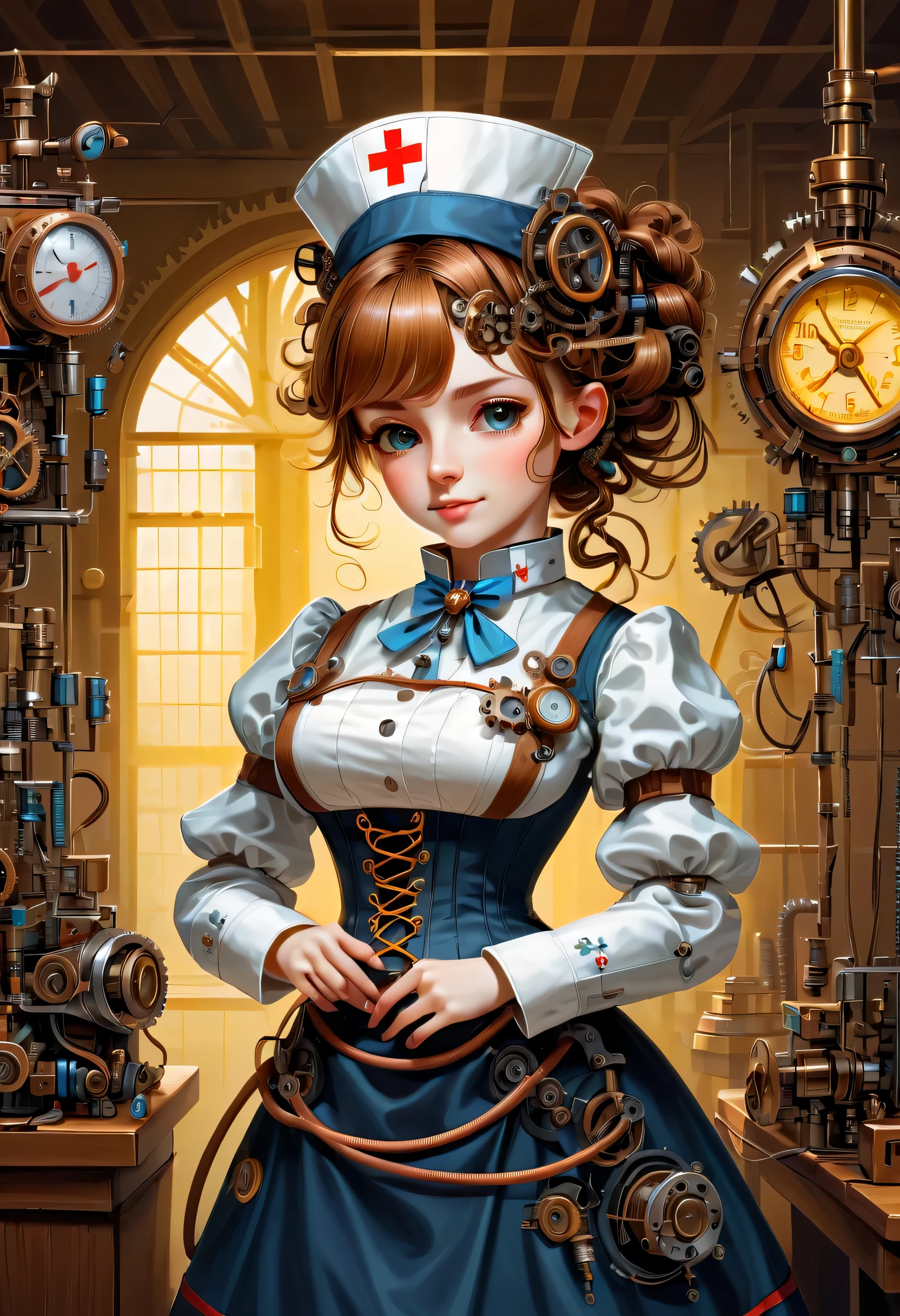 mechanism:humanoid:nurse:16th century European nurse uniform,Medical Supplies,Use electrical cords as hair ornaments,wiring,she is made of machinery,Steampunk element,Mechanical engineering,Mechanically,Mechanical,pop,cute,Equipment,shaft,intricate details,very fine,High resolution,high quality,最high quality,clearly,Be clear,beautiful light and shadow,Three dimensions,adorable appearance,complex configuration,mechanism,dynamic,busy,Work hard,An expression that makes you want to support,