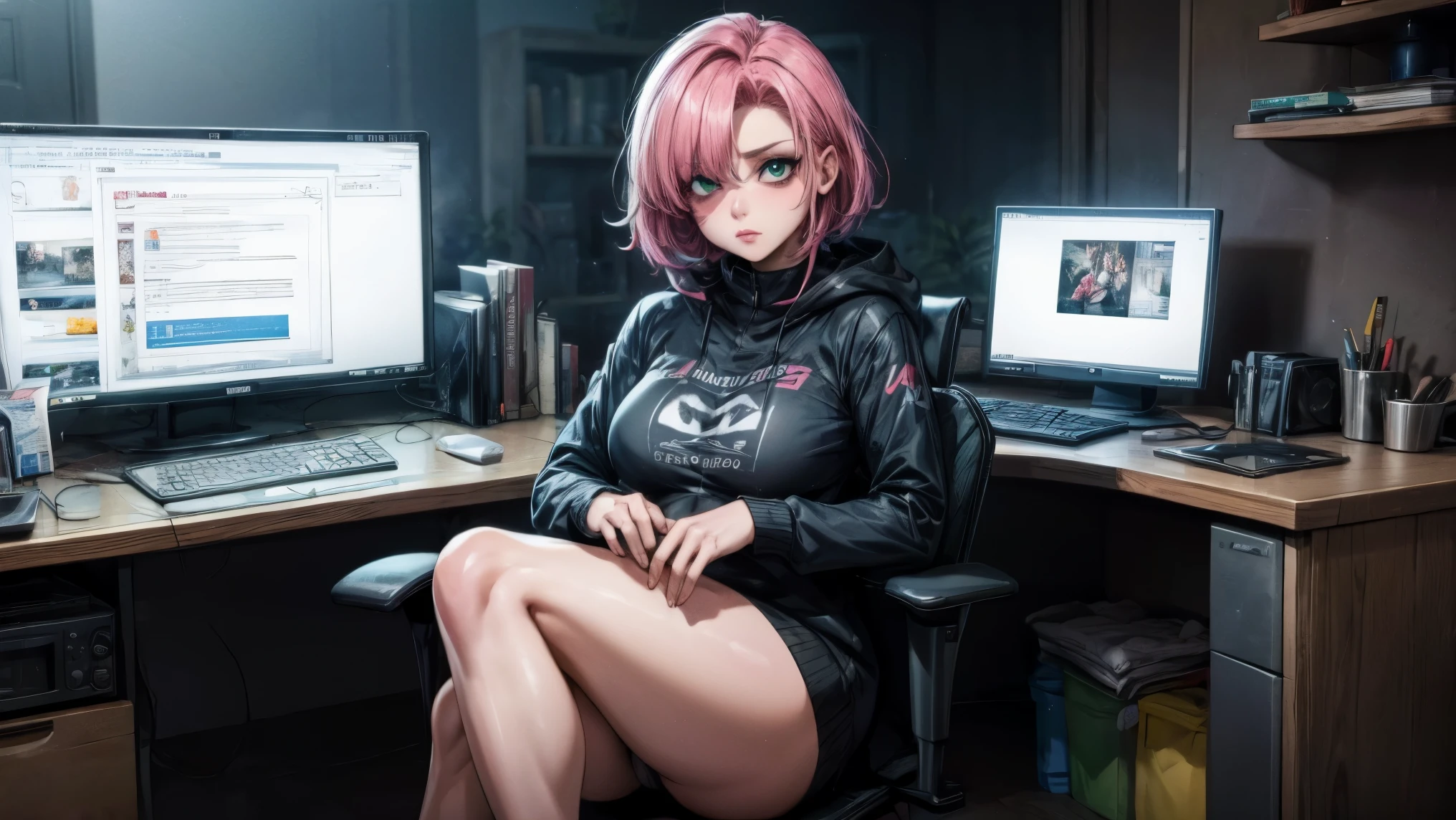 vtuber streaming in her gamer studio she would be sitting in a gamer chair her short pink hair her eyes shine green