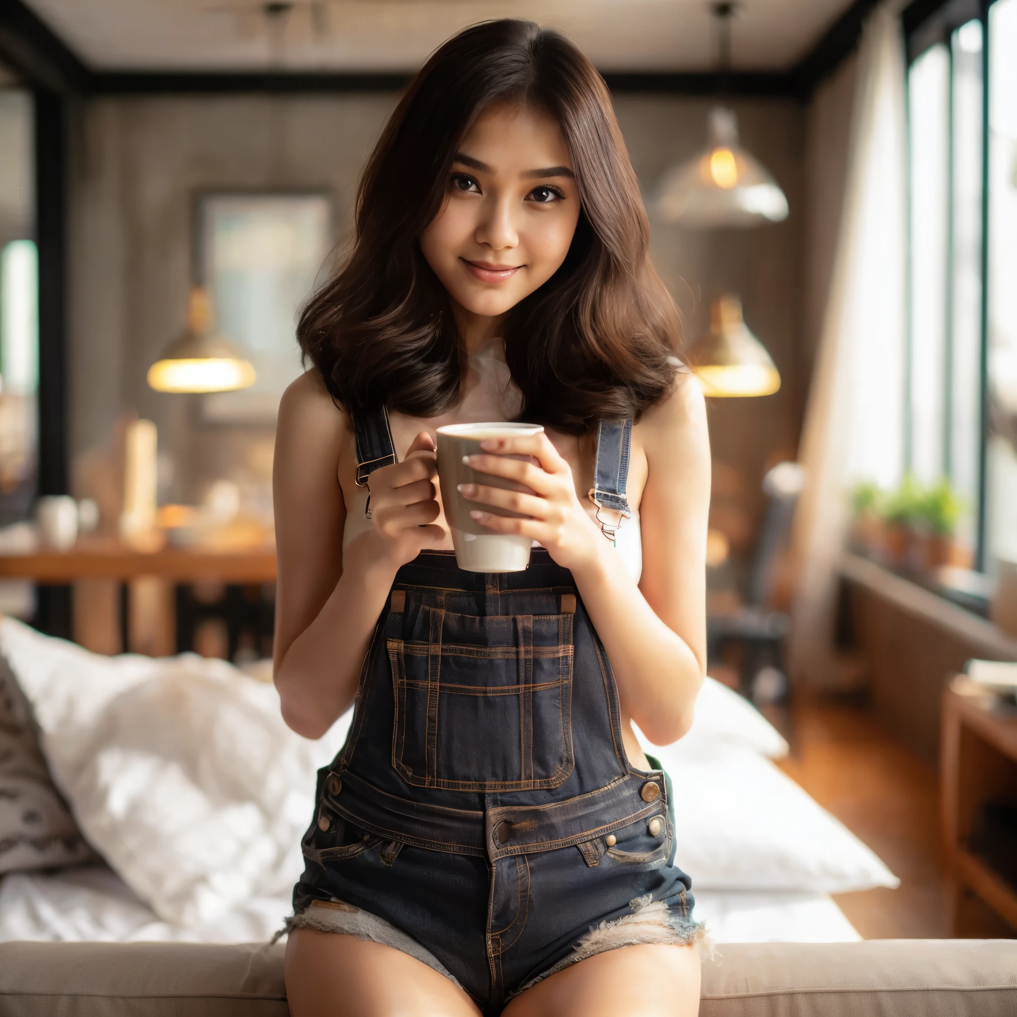 full body,cinematic photo beautiful thailand woman,chubby,from the side,with shoulder length brunette hair,sitting on the back of her couch in her studio apartment,wearing overalls,holding a coffee cup,steaming hot coffee,smiling at the viewer,beautiful perfect eyes,35mm photograph,film,bokeh, professional,4k,highly detailed,epicrealism model, atmospheric impressionism,bokeh,,pre-raphaelite realism,low tone photography,soft focus realism --ar 36:61 --stylize 750 --v6