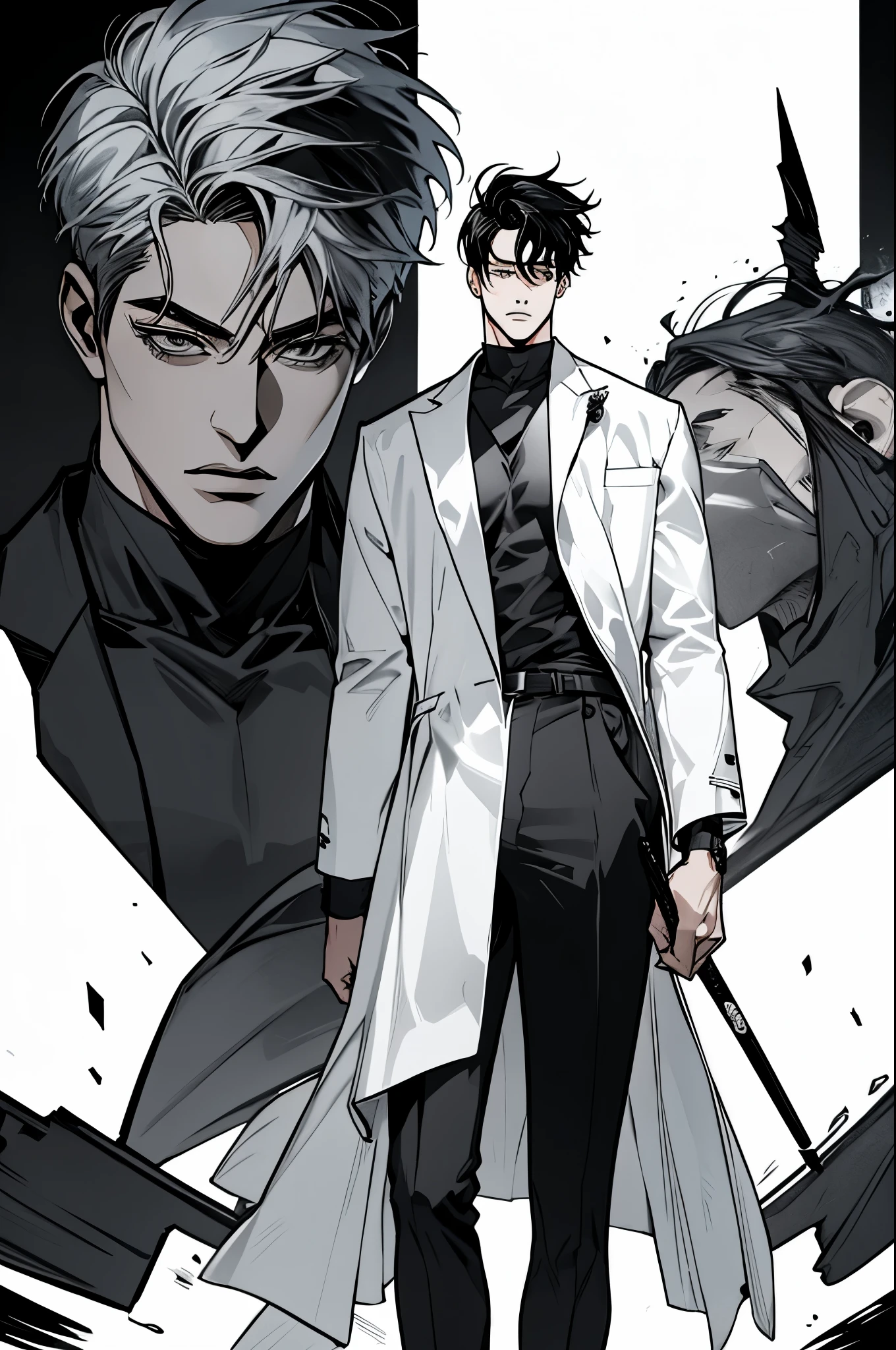 masterpiece, ultra detailed, 4K, 8K, 32K, intricate, (((1boy))), ((black hair)), ((no background)), white background, detailed eyes, white shirt and black pants, school uniform, handsome young man, 20 year old, (((same character))), dynamic pose, anatomically correct hands, modern clothing, detailed clothes, (slender body), Hideaki Sorachi, Bleach, Tite Kubo, Kazuki Yone, (((stylish haircut))), holding sword