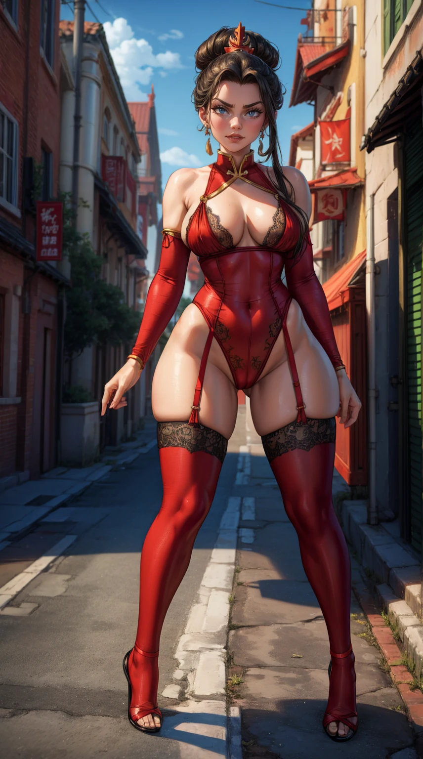 princess Azula, wearing transparent red lingerie, silk stockings, lace stockings, see through lingerie, wide hips, naked body can be seen, standing on the street, fire magic, fire aura, lightning, (masterpiece), best quality, ultra-detailed, 1024k UHD wallpaper, ultra-high resolution, depth of field, HDR, Ray tracing, RTX, high saturation, high contrast, photon mapping, best texture quality, best compotitiontremely detailed CG 1024k wallpaper), Ultra HD, Perfect Face, Perfect Anatomy, Perfect hand, Perfect Finger, (Full body),