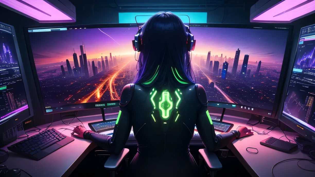 8ｋ, 24 year old long hair girl、Rear view、I work in my home lab surrounded by holographic screens and cables.。. , from the window、You can see a futuristic, dystopian city based on blue., violets and green.Night view outside the window