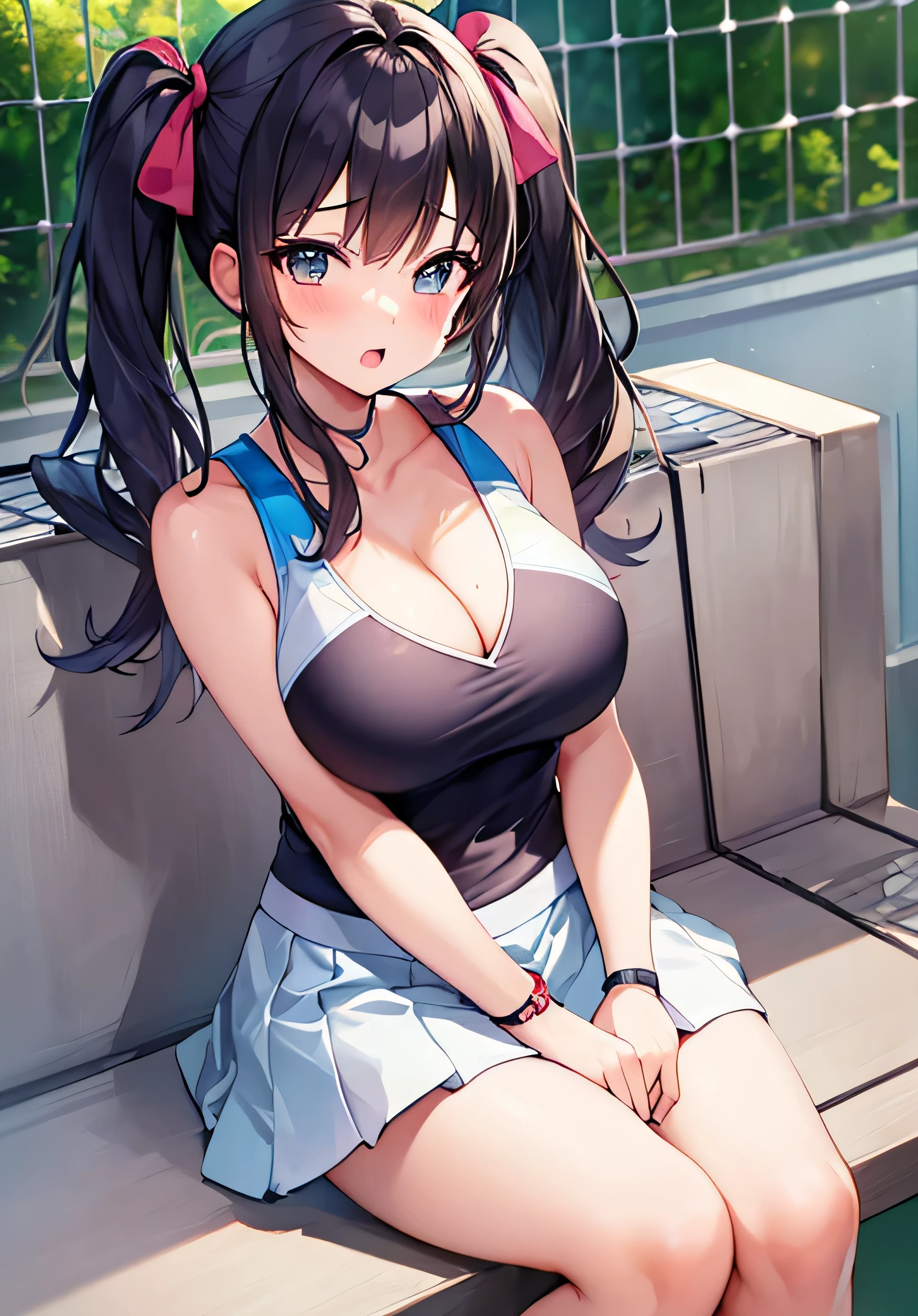 masterpiece、best image quality、ultra high resolution、age girl with big breasts、twin tail hairstyle、black hair、red face、shyly、mock、Open your mouth just a little、Teengirl's tennis wear showing cleavage、tennis for teenage s、sitting on the bench、on the tennis court
