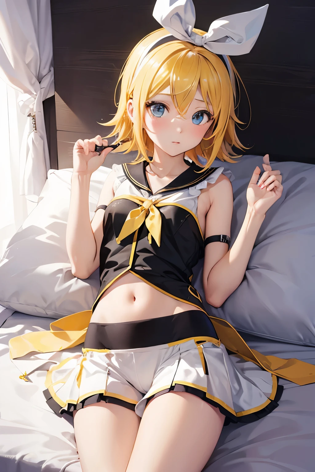 one girl, (Kagamine_Rin), blue eyes, blond hair, short hair, cute, pure, innocent, young, on bed, (lying on bed), sailor uniform, (black short pants), gently smile, girl loves you, upper body focus