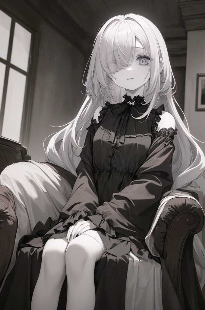 (6 year old girl,young girl,,pale skin,,Eyes without highlights,No expression,,,,,),,,,(cute:1.2),,,(masterpiece, highest quality, Super detailed, focus on character),,,,,sit on a chair,,,hair over both eyes,magersucht,morbid mood,sicko creep,,unwholesome pallor,morbid fascination,morbid phenomenon,,diseased state,morbid condition,,,,see-through nightgown,neat,shyness,,,,,,,