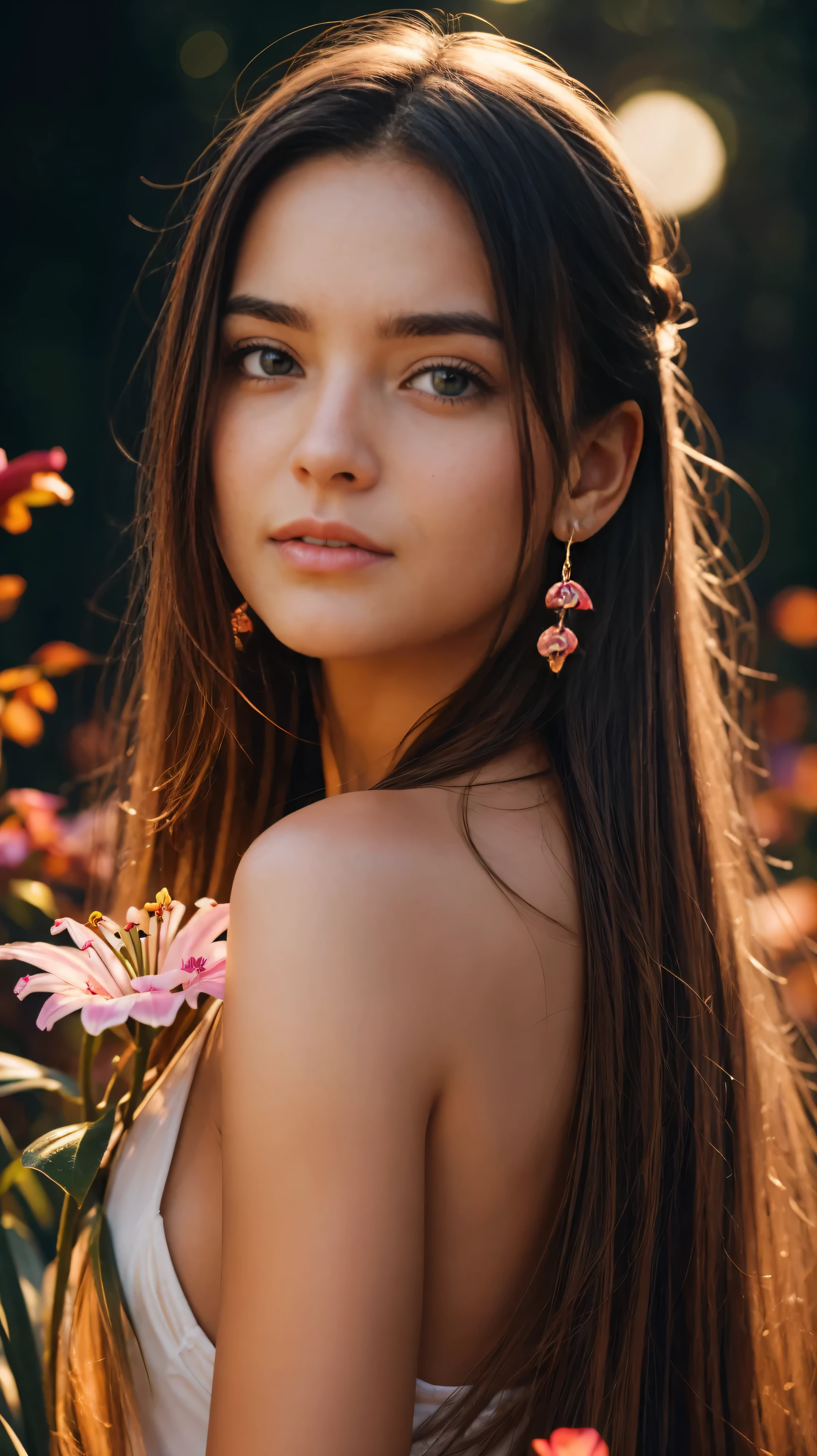 the girl&#39;s face is in focus,Beautiful realistic girl with bright WHITE and blue long hair. ,close-up of clean skin with skin detail,full length,in a short miniskirt,on an orange background,Against the background of the starry sky,bright makeup,detailed eyes,EARRINGS WITH GLITTERS,two-leaf gray flower,translucent speckled two-leaf grayBioluminescent — Ultra-high quality 8K, High contrast, rich colors, soft light, Super detailed photos. ultra high quality 8K, High contrast, noise reduction, bright rich colors.. high quality, 8K Ultra HD, High contrast high quality,soft close focus,very beautiful flower, translucent red lily of the valley with dewdrop flower, bioluminescent flower glows and shimmers, he grows in a mysterious forest, shrouded in mystery, Ultra-high quality 8k, High contrast, rich colors, soft light, Ultra-detailed photos. Сверхhigh quality 8k, High contrast, noise reduction, bright rich colors.. high quality, 8K Ultra HD, High contrast