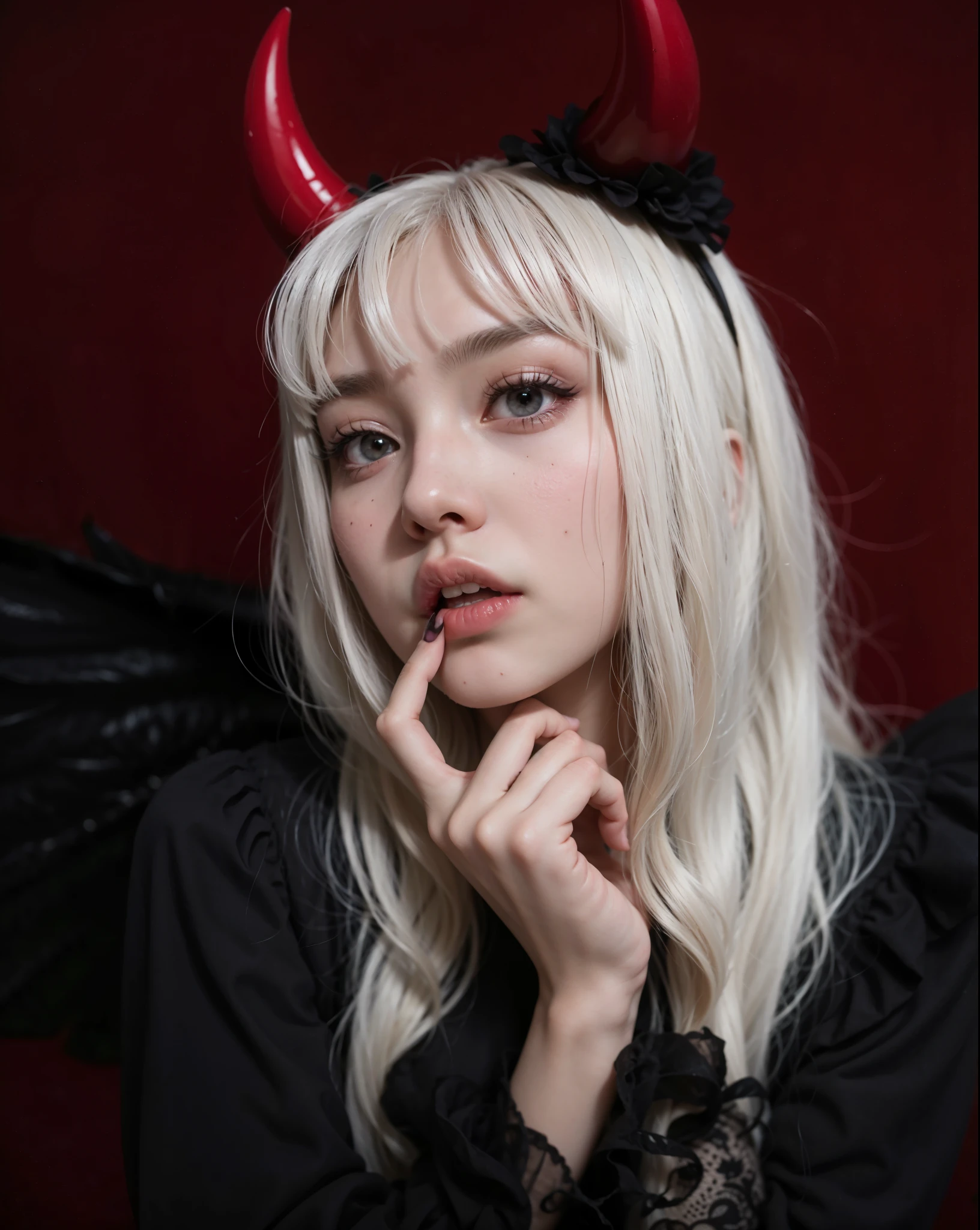 a close up of a woman with a devil makeup and horns, cruel korean goth girl, white hime cut hairstyle, with white long hair, with long white hair, mika kurai demon, girl with white hair, long white hair and bangs, giesha demon, anime girl cosplay, goth girl aesthetic, 1 7 - year - old anime goth girl, demon girl