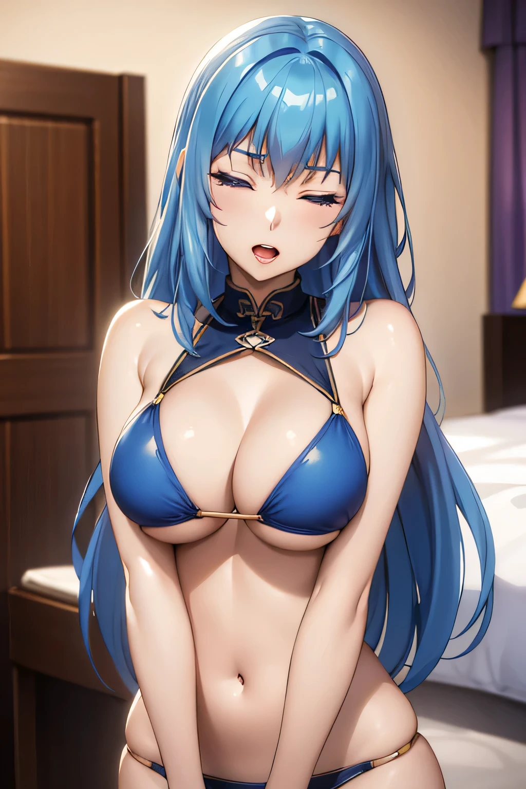 (masterpiece),(highest quality:1.4), unreal engine,(blue bikini swimsuit:1.1),super resolution,close up of face,(open your mouth:1.2),(closed my eyes:1.1), tongue,very detailed, 1 female,big breasts, waist, thin, (muscular:0.8) ,blue long hair,purple eyes ,in the bedroom