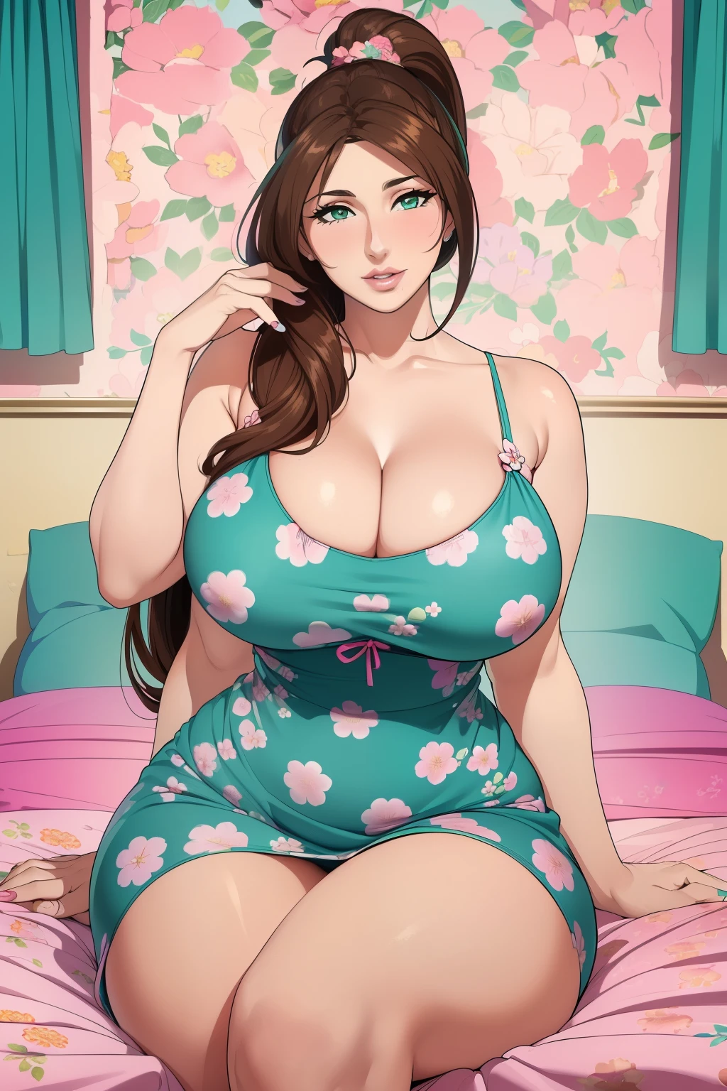 Masterpiece, Best Quality, (((Solo mature woman resembling Lucy Pinder))), (((Brown hair))), Ponytail, Large chest, (((wide hips))), (((aqua green eyes))), full lips, seductive smile, cleavage, (sitting on bed), bedroom,  sunset, blushing, (((wearing blue summer dress with pink floral pattern))), [Janet], [Alice], "beautiful mature face" , age30 , milf , adult