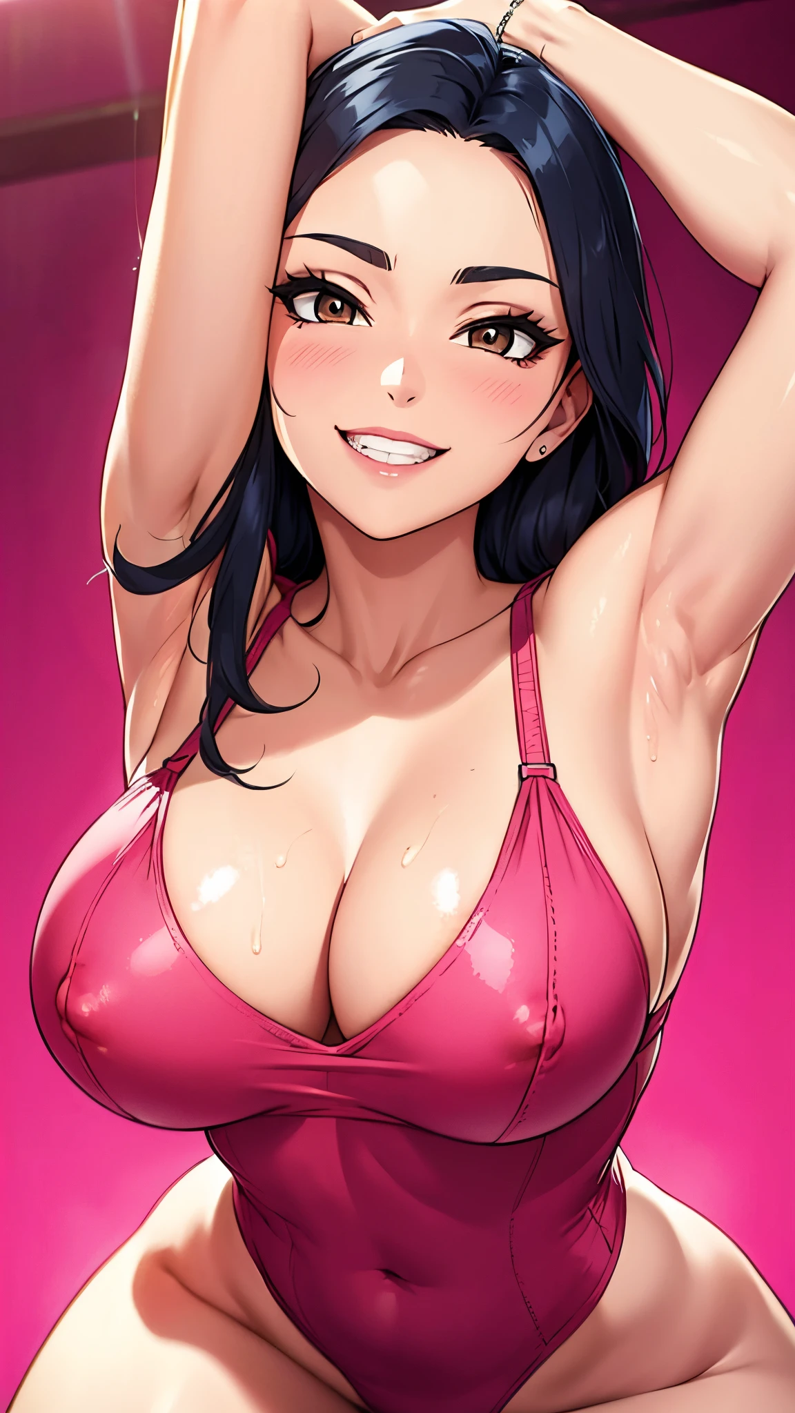 8K, high quality, animation, married woman, fair-skinned, beautiful, small face, neat, bright, emphasis on eyes, sexy, super big tits, beautiful line drawing. Black hair, white skin, brown eyes, arms up, armpit showing, head down, simple background, pink background, erotic, nothing on, nude, arms up, armpit showing, body sweaty, sweaty armpits, smiling, laughing, close up breast,