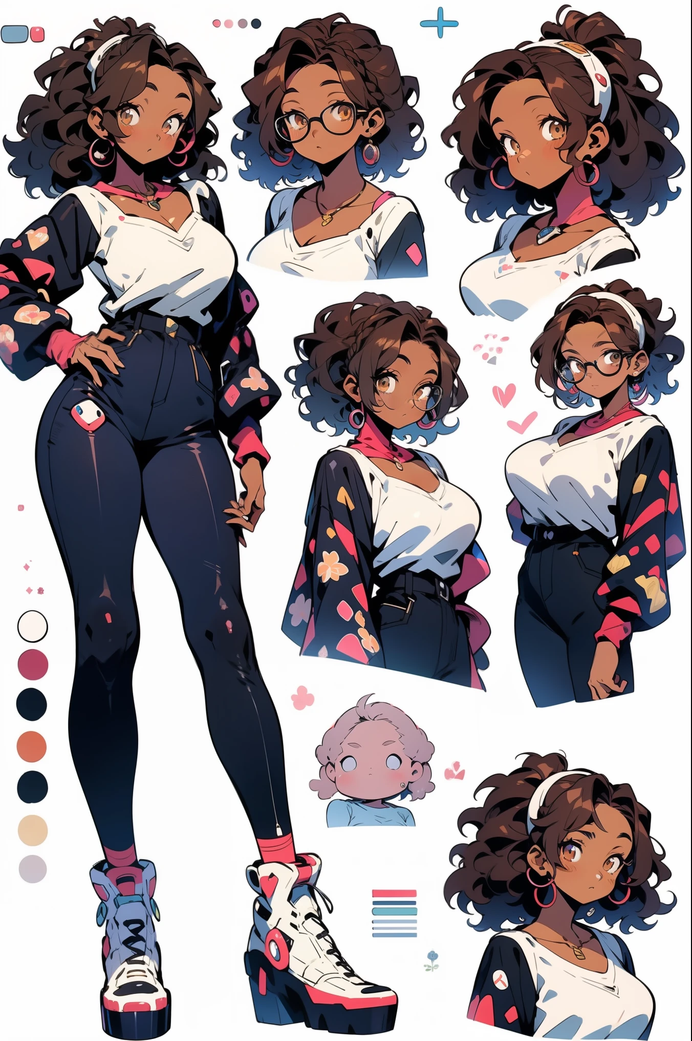 anime Dark-skinned young woman in an oversized fuzzy shirt large breasts , ilustrar, garota, estilo anime, Design de personagem, 2d, robot garota, pele escura, cabelo azul e branco, robotic, bonitinho, anime 2024,