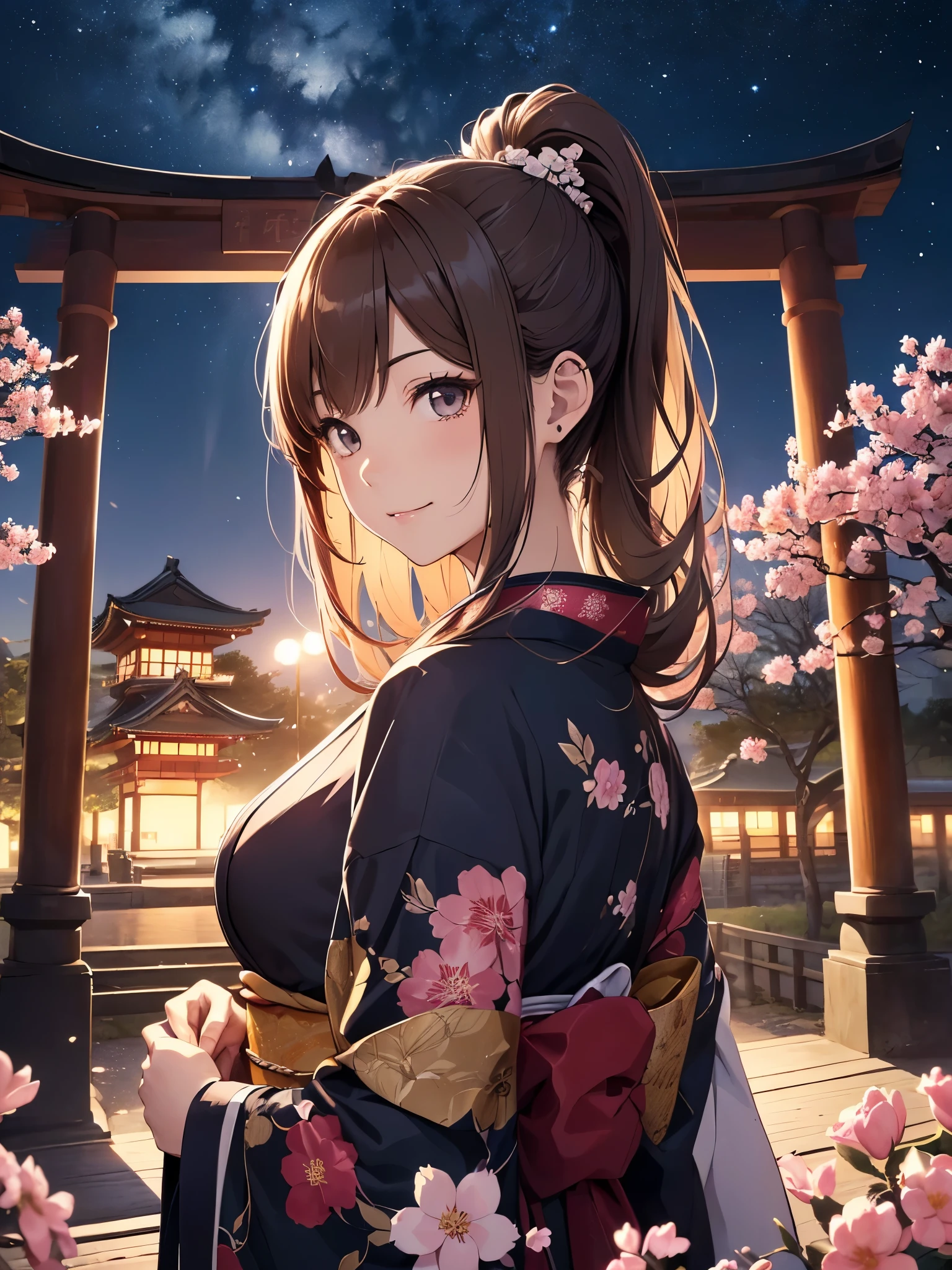 highest quality、Highest image quality、masterpiece、),nightcherry blossoms祭りgravure shot、night、日本kimono超美形美女((22 years old OL big bust、,beautiful long ironed hair、ponytail、brown hair、slender、beautiful ,Close-up、Esbian、beautiful fan,beautiful high quality、beautiful art、)muste piece、visual art、Depth of the bounds written、、magic of light、🎵friendly smile、gentle light、、skin-friendly、、ticker beautiful decorative、spring、cherry blossoms、cherry blossoms舞い散る、cherry blossomsの花びら、沢山のcherry blossoms、fill with petals、outside、forest、night、starry sky、Nature、elegant、mystical　rosa、　 、、friendly smile、kimono、kimono、Japanese culture、Beautiful eyes staring at us、Beautiful、beautiful hands、refreshing、Femme fatale、stretch your arms、Japanese dance　深night、darkness　japanese castle、Himeji castle

(gorgeous  body) (see thorough:1.5),、Fujiko Mine、　bridge、small river、shrine、torii、伏見稲荷shrine
、.UHD..detailed details、powerful、、.Approaching、1 nearby.8、cowboyshot.、super REALITY、model  shot ,、stylish、dramatic、light、、レンブラントlight、back right、magicalgentle light,smoke ,シネマティックlight、UHD