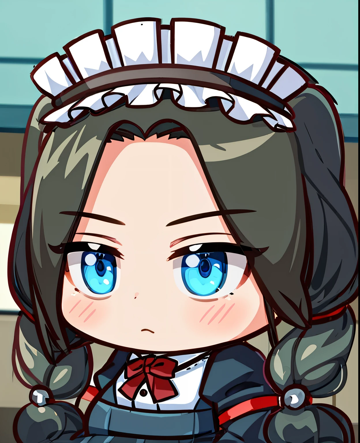 (masterpiece:1.2), highest quality, High resolution, 1 girl, ,pigtails, blue eyes, (big breasts:1.2), maid headdress, maid, maid apron, 14 years old, alone, very detailed, low length, very young, very cute, looking at the viewer, japanese girl, No expression, skull hair elastic