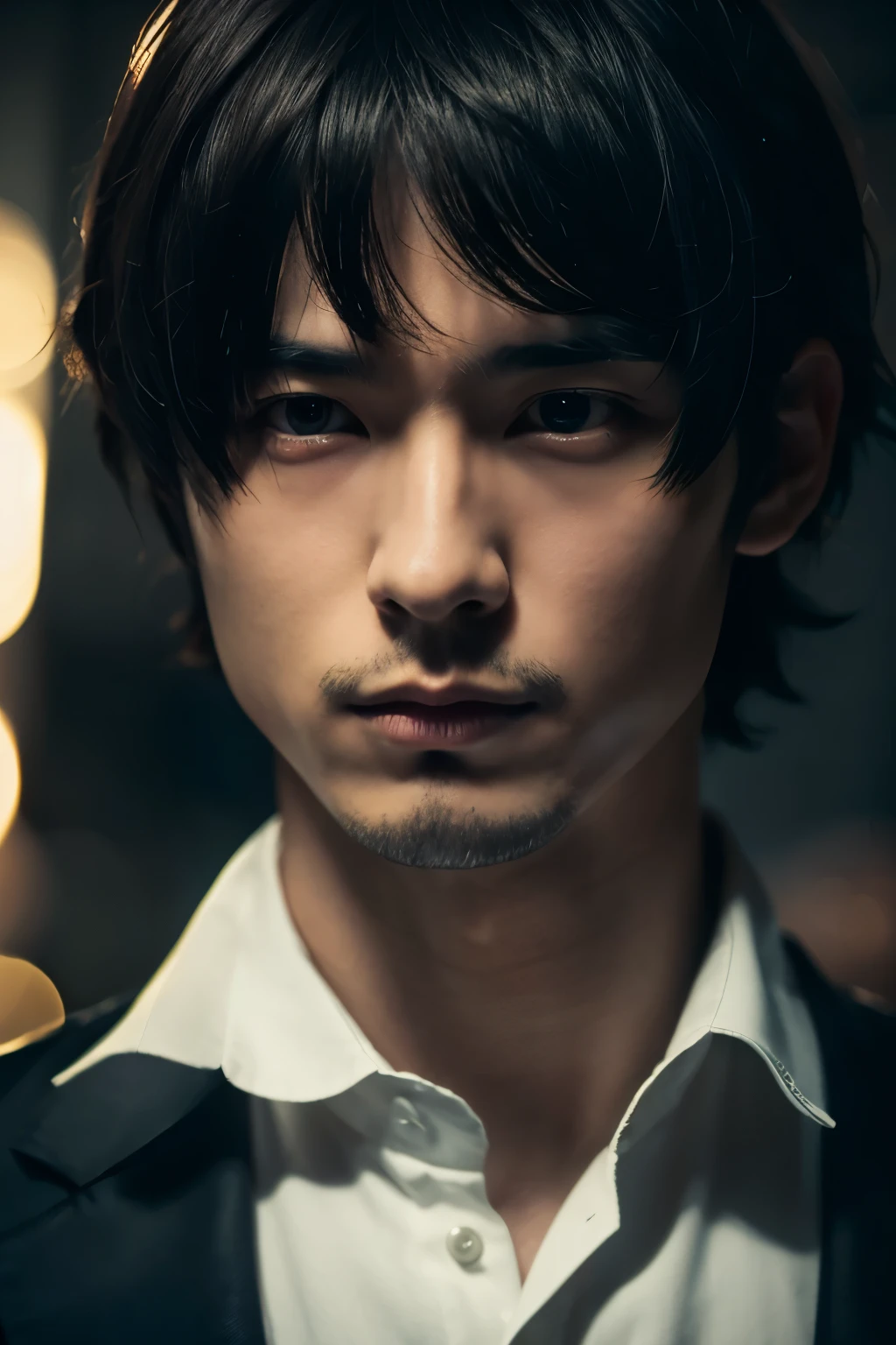 masterpiece, highest quality, (alone focus), (perfect face:1.1), (high detail:1.1),dramatic, 1 person, , alone, male,cool,dark,dandy,30 generations,Japanese,short hair,2 block hair, detailed background, cinematic lighting,