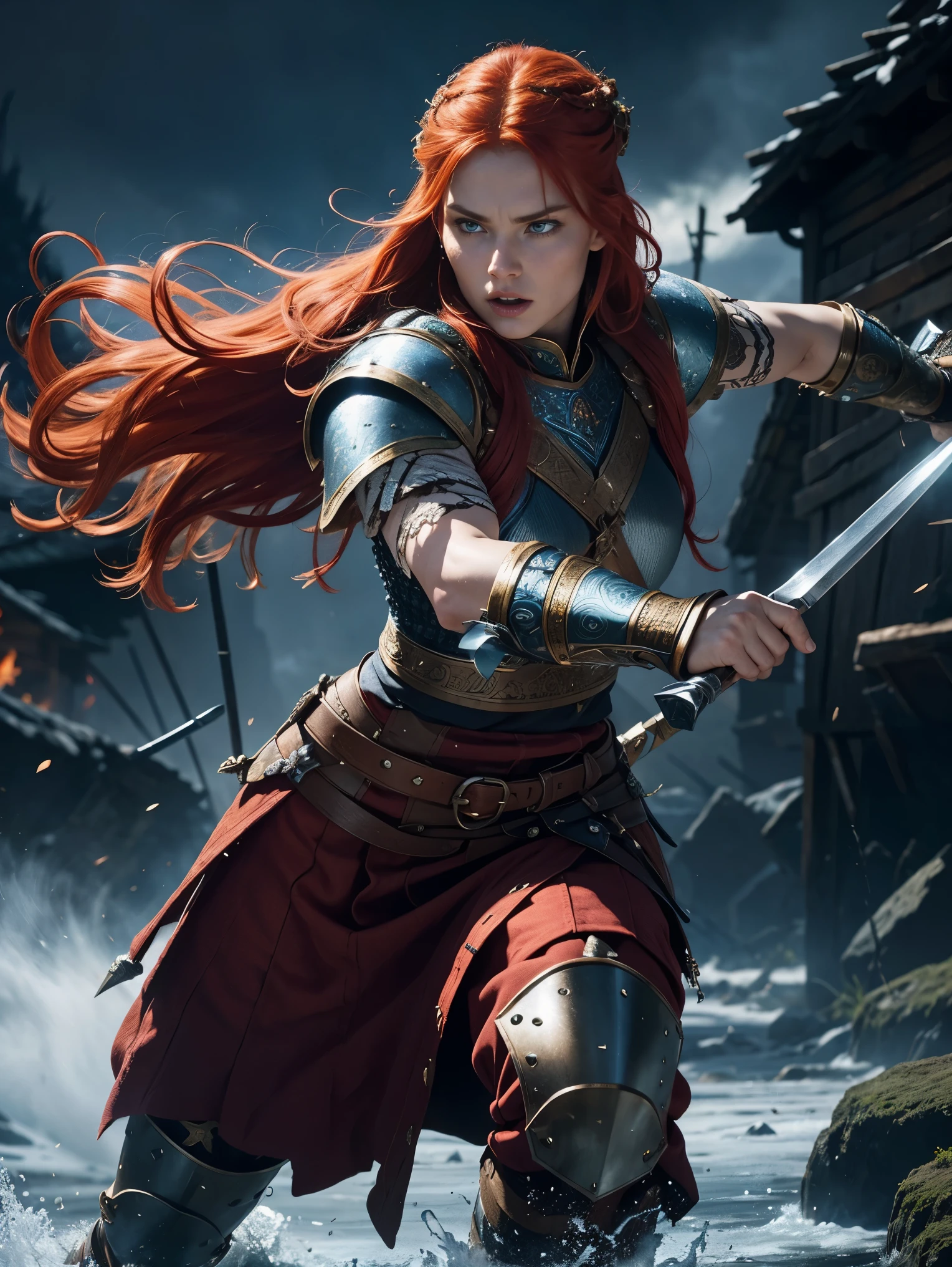 A stunning European woman with fiery red hair and piercing blue eyes, dressed in intricate Viking warrior attire, fiercely charging into battle with a look of unyielding determination. The scene is captured in cinematic style, showcasing every intricate detail of her fierce expression and battle-ready stance, set against a backdrop of epic warfare. The image is in stunning 8K resolution, bringing out the ultra-realistic features of the fierce Viking warrior queen in action.